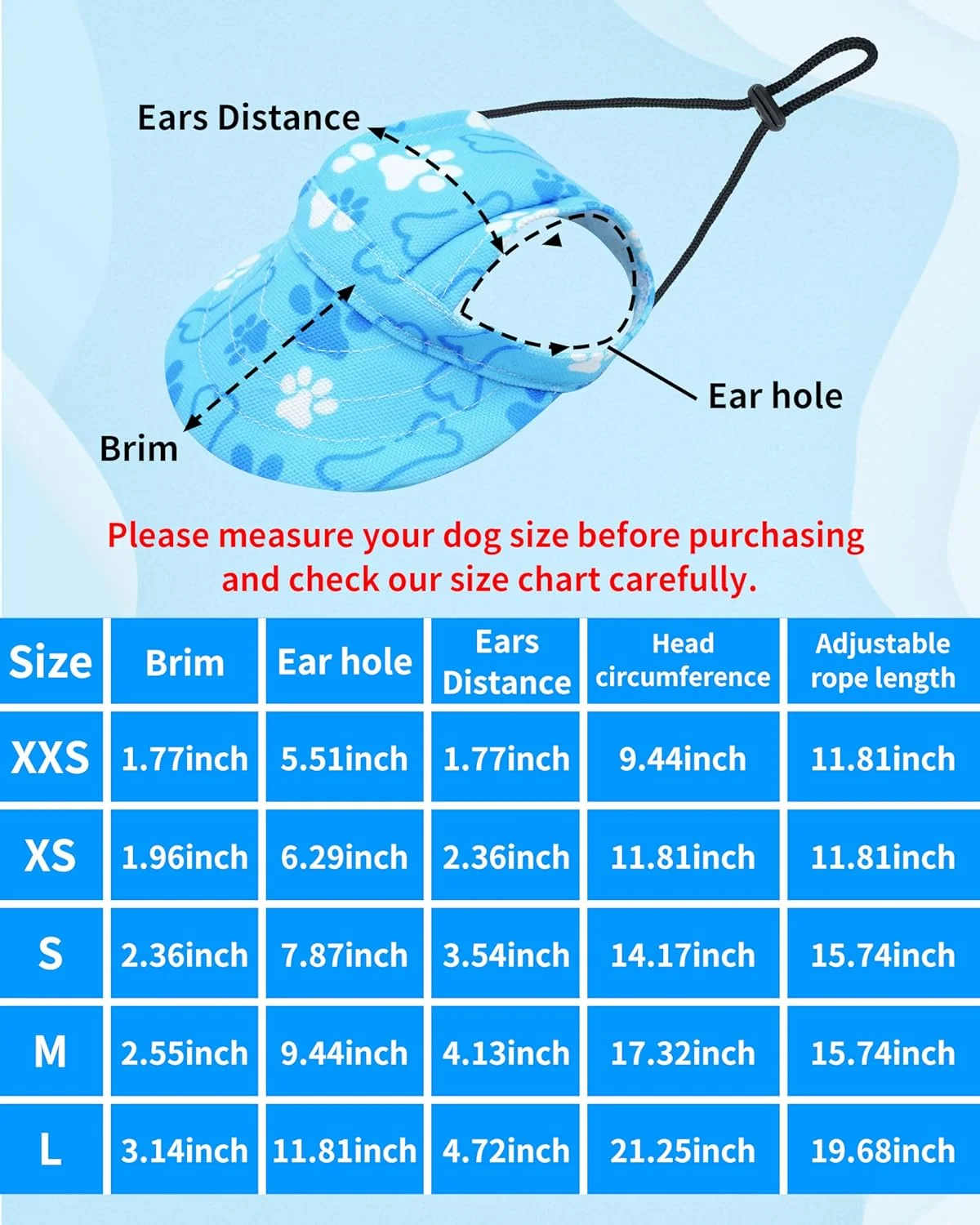 کلاه بیسبال سگ پت شو طرح پنجه، کلاه آفتابی سگ ضد آب با سوراخ های گوش و بند قابل تنظیم - آبی/S
