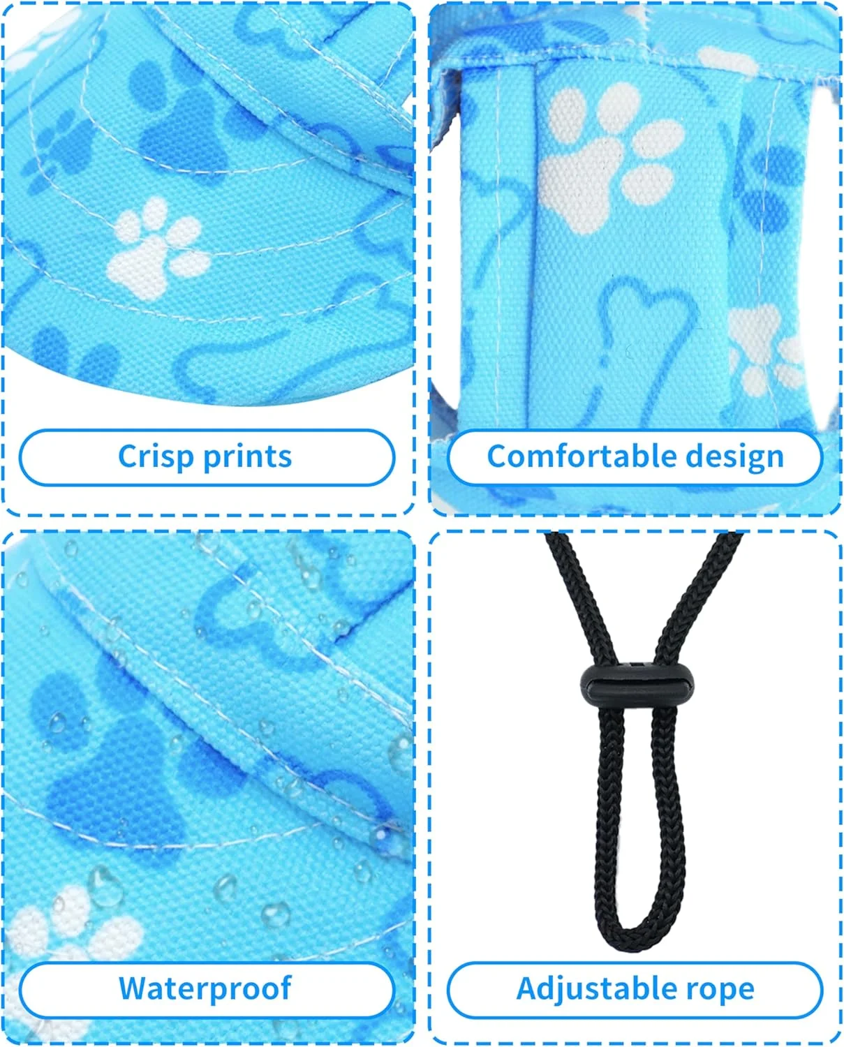 کلاه بیسبال سگ پت شو طرح پنجه، کلاه آفتابی سگ ضد آب با سوراخ های گوش و بند قابل تنظیم - آبی/S