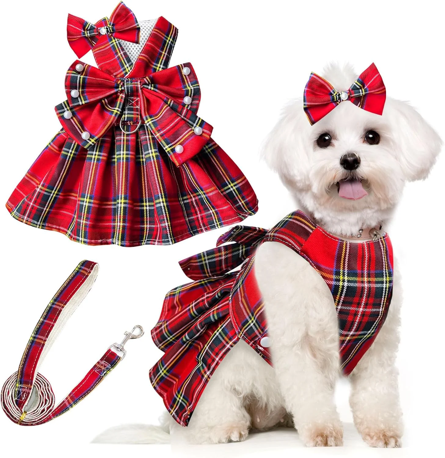 لباس سگ دخترانه قرمز طرح چهارخانه پاپیون و مروارید مناسب سگ و گربه های کوچک