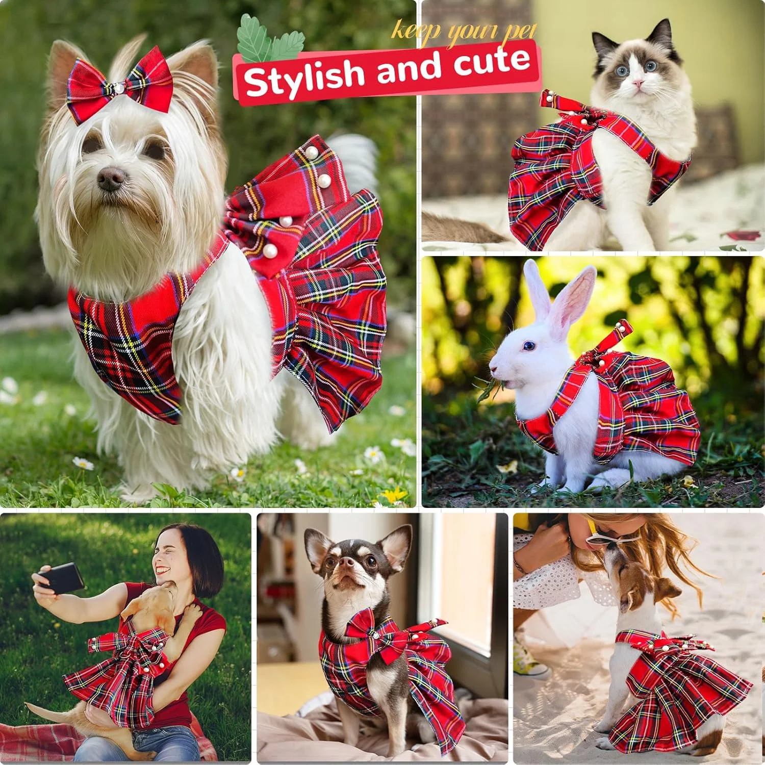 لباس سگ دخترانه قرمز طرح چهارخانه پاپیون و مروارید مناسب سگ و گربه های کوچک