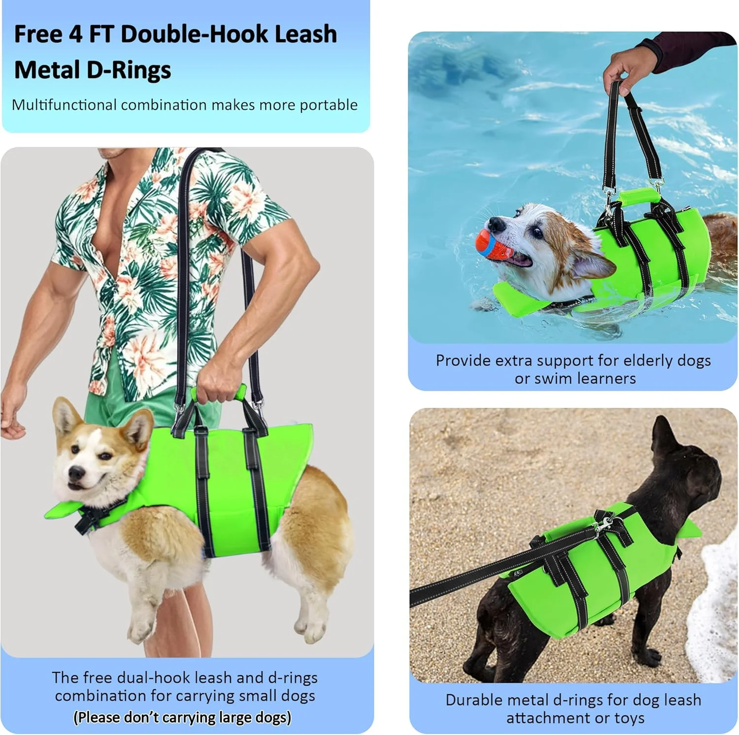 جلیقه نجات سگ با بند 120 سانتی‌متری، جلیقه نجات حیوانات خانگی بازتابنده با زیپ و دستگیره برای شنا و قایق‌رانی، جلیقه شناور شناوری بالا قابل تنظیم برای سگ‌های کوچک، متوسط و بزرگ - سبز، M