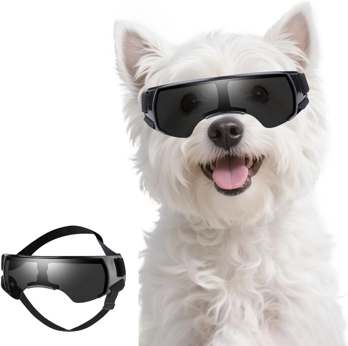عینک محافظ سگ کوچک PETLESO، عینک آفتابی ضد اشعه ماوراء بنفش برای رانندگی، دوچرخه سواری، پیاده روی در فضای باز، محافظت از چشم در برابر باد، گرد و غبار و برف، عینک حیوانات خانگی با بند قابل تنظیم، مشکی