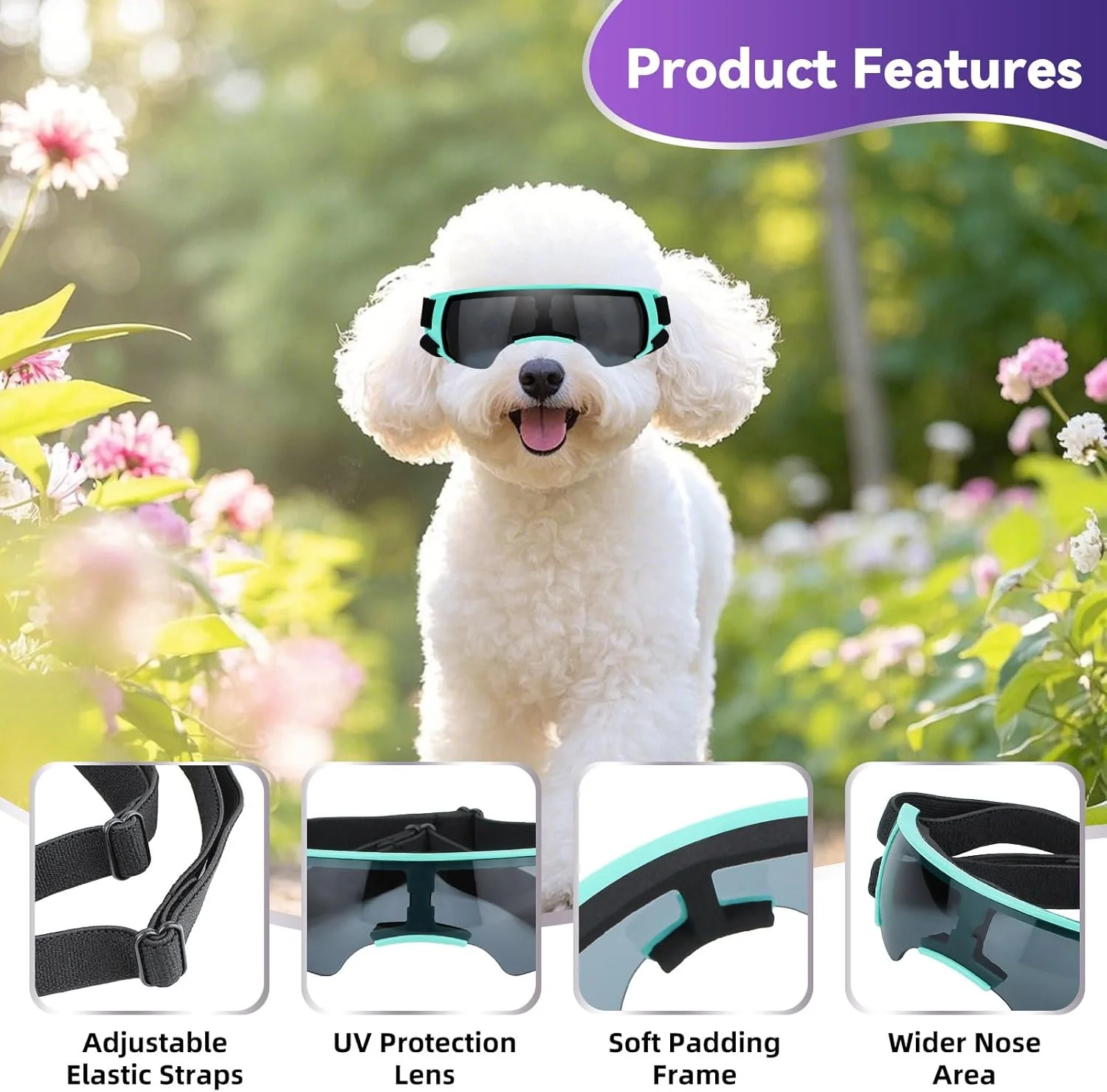 عینک محافظ سگ کوچک پتلسو، ضد اشعه ماوراء بنفش برای رانندگی در فضای باز، دوچرخه سواری، پیاده روی، محافظت از چشم در برابر باد، گرد و غبار و برف، عینک حیوانات خانگی با بند قابل تنظیم، آبی