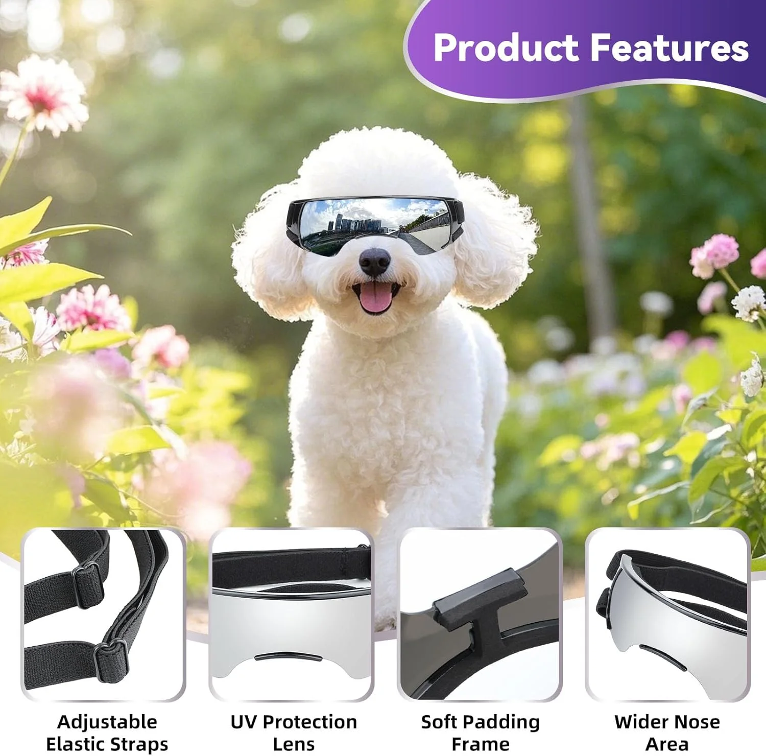 عینک محافظ سگ کوچک پتلسو، ضد اشعه ماوراء بنفش برای رانندگی در فضای باز، دوچرخه سواری، پیاده روی، محافظت از چشم در برابر باد، گرد و غبار و برف، عینک حیوانات خانگی با بند قابل تنظیم، نقره ای