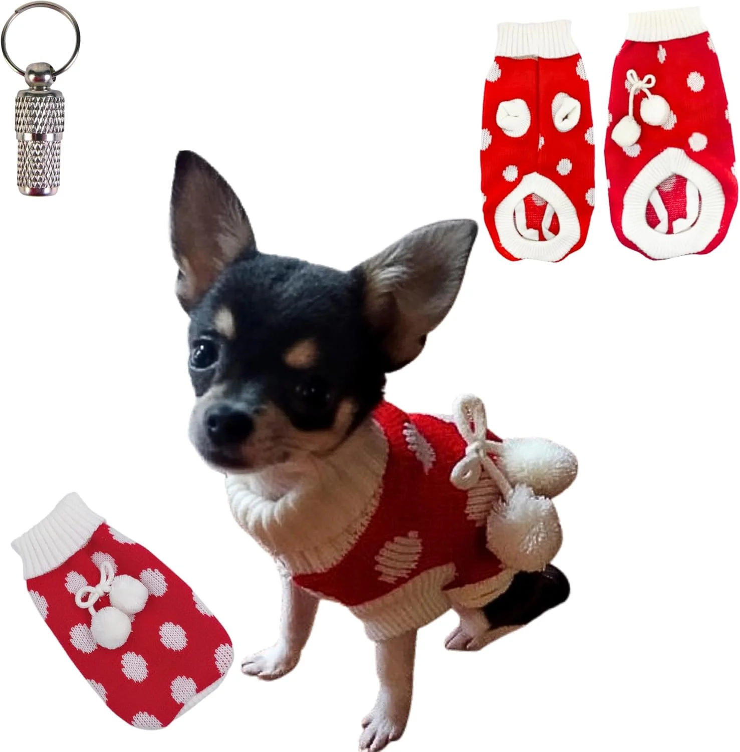 پلیور بافتنی سگ طرح خال خالی کیوت مناسب کریسمس به همراه یک عدد پلاک شناسایی حیوان خانگی - ژاکت یقه اسکی زمستانی طرح خال خالی و منگوله - لباس گرم و نرم و تنفسی مناسب سگ (سایز کوچک)