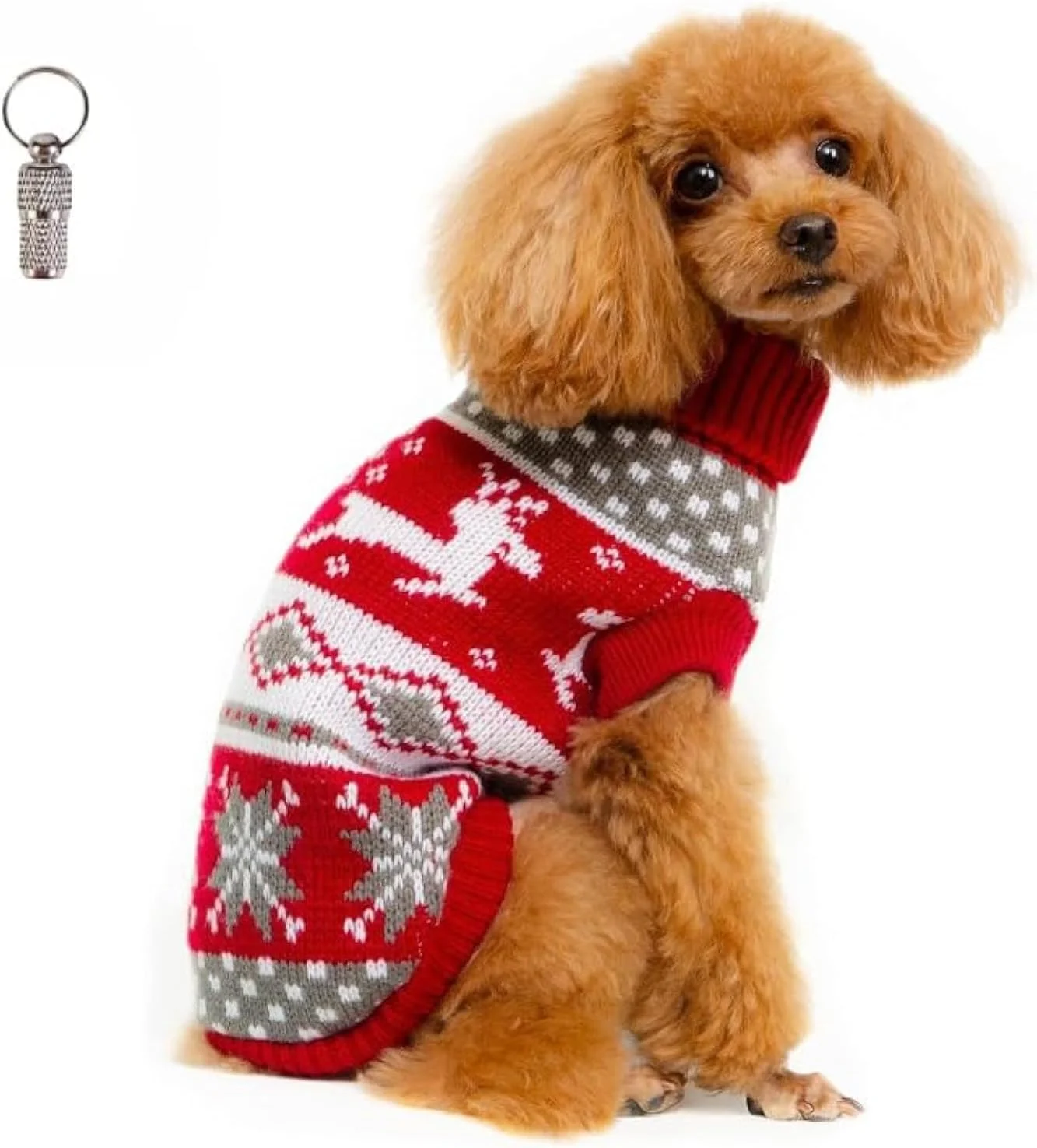 پلیور بافتنی سگ پتساری طرح کریسمس به همراه یک عدد پلاک شناسایی حیوان خانگی - لباس با طرح گوزن شمالی و دانه برف - لباس گرم و نرم زمستانی - مناسب برای توله سگ های کوچک - سایز خیلی کوچک