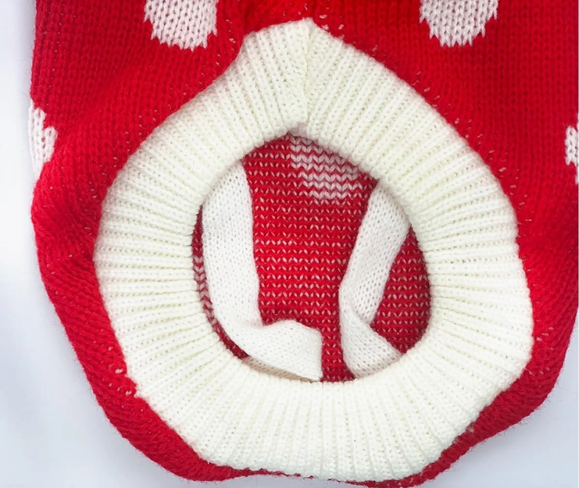 پلیور بافتنی سگ طرح خال خالی کیوت مناسب کریسمس به همراه یک عدد پلاک شناسایی حیوان خانگی - ژاکت یقه اسکی زمستانی طرح خال خالی و منگوله - لباس گرم و نرم و تنفسی مناسب سگ (سایز کوچک)