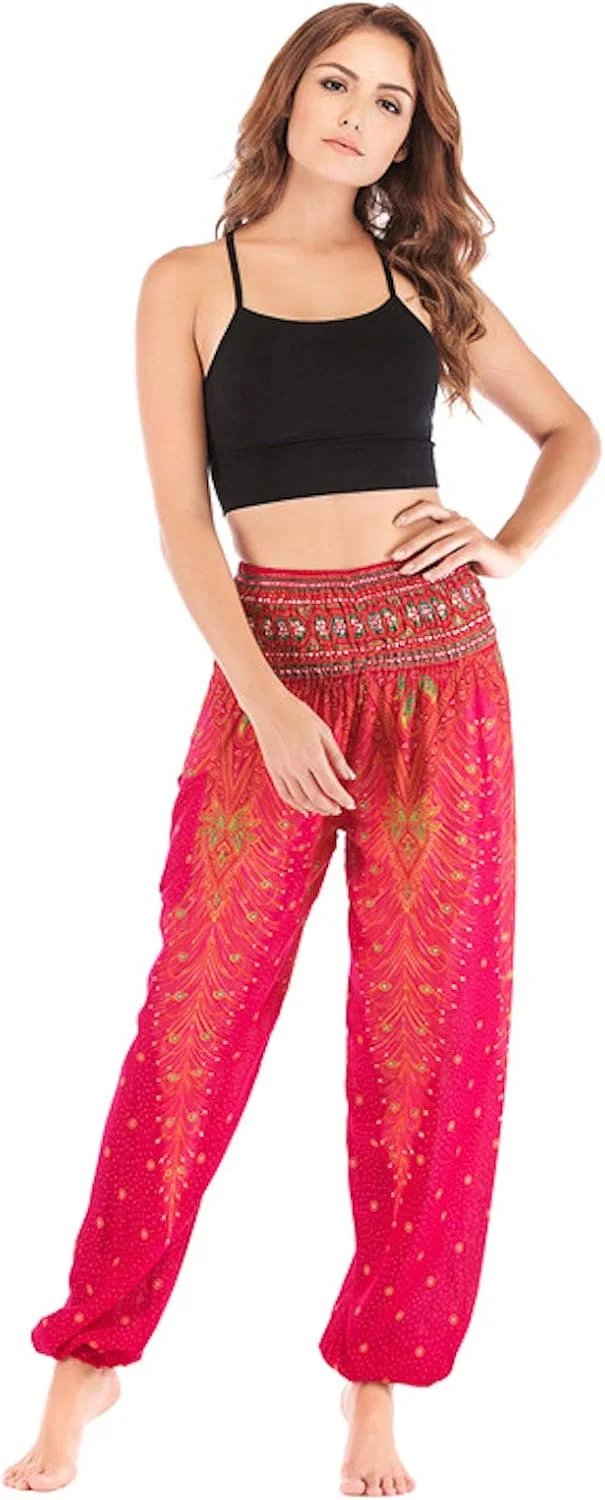 WSLCN شلوار راحتی زنانه، طرح دار، کمر کشی، نازک، جیب دار، مناسب یوگا، ساحل و تابستان