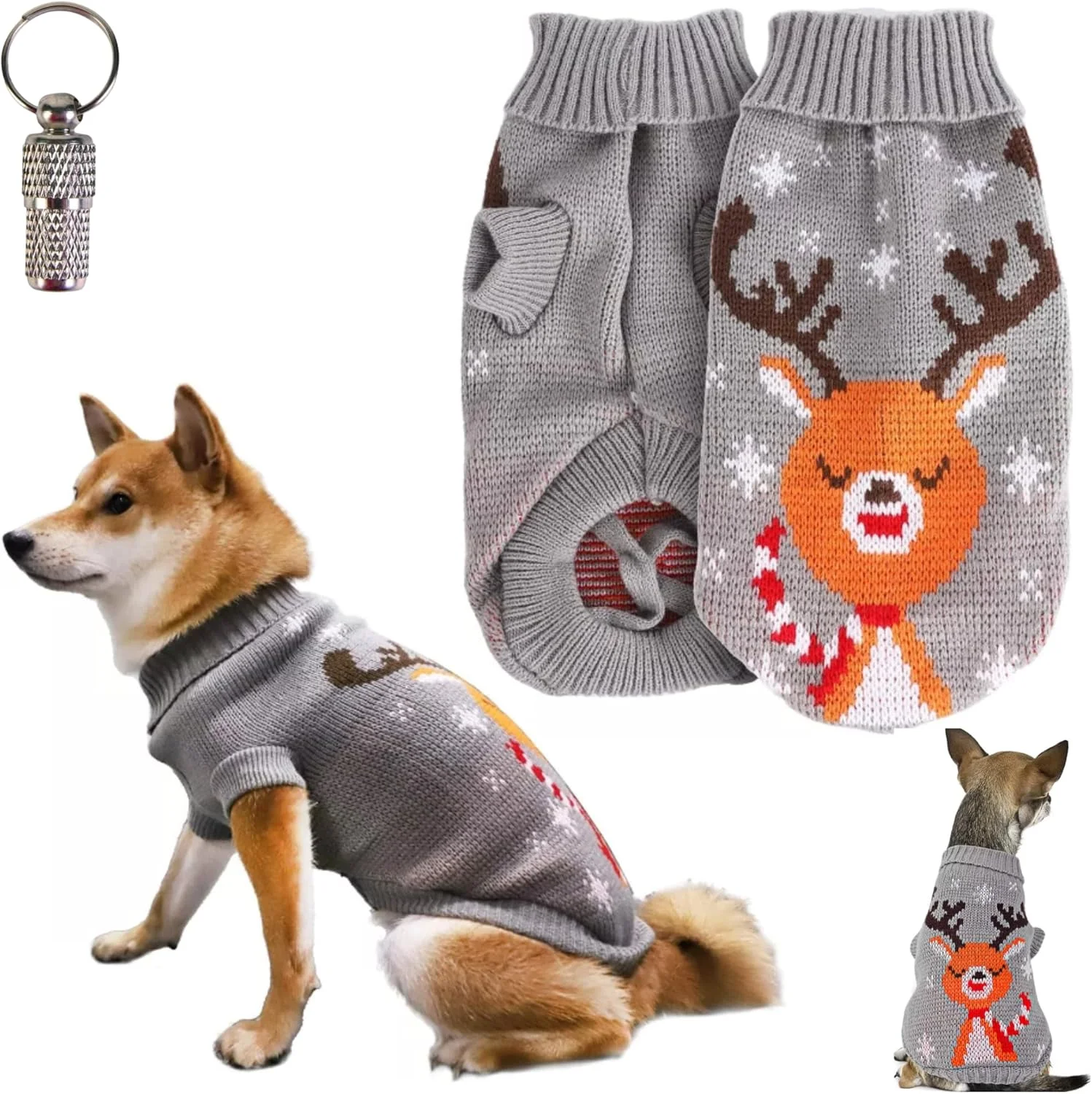 پلیور بافتنی سگ طرح کریسمس گوزن شمالی و دانه برف همراه با یک عدد پلاک شناسایی حیوان خانگی - لباس گرم پشمی یقه اسکی زمستانی با طرح گوزن شمالی و دانه برف (سایز کوچک)