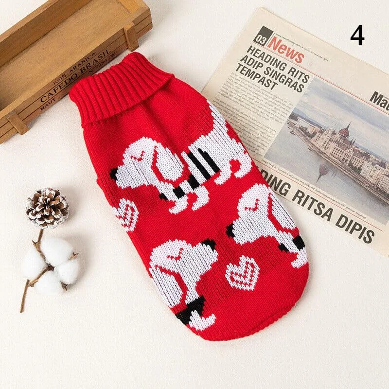 پلیور سگ با طرح کریسمس و قلب به همراه یک عدد پلاک شناسایی حیوان خانگی - لباس نرم و تنفس پذیر با طرح سگ و قلب - لباس گرم یقه اسکی زمستانی (بزرگ)