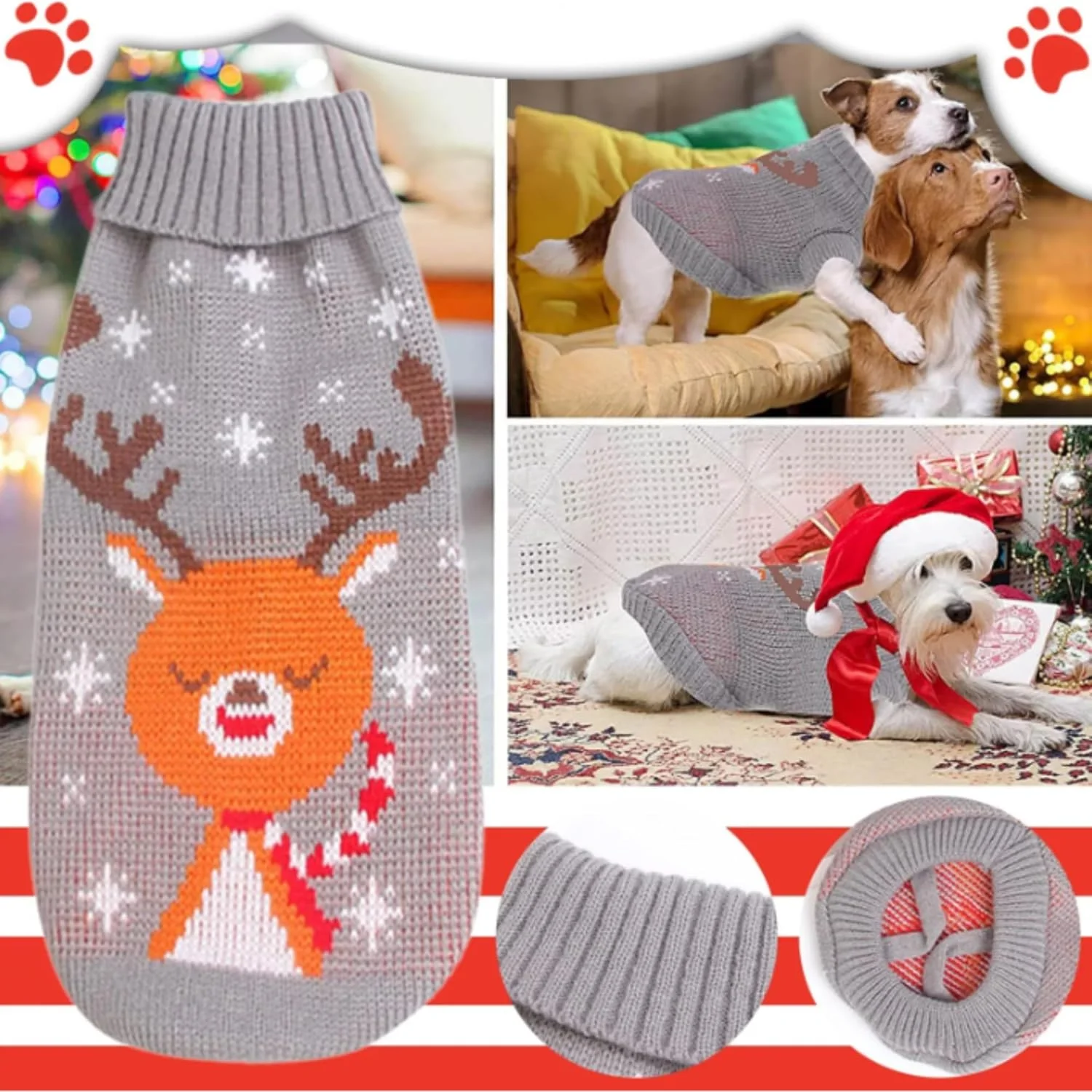 پلیور بافتنی سگ طرح کریسمس گوزن شمالی و دانه برف همراه با یک عدد پلاک شناسایی حیوان خانگی - لباس گرم پشمی یقه اسکی زمستانی با طرح گوزن شمالی و دانه برف (سایز کوچک)