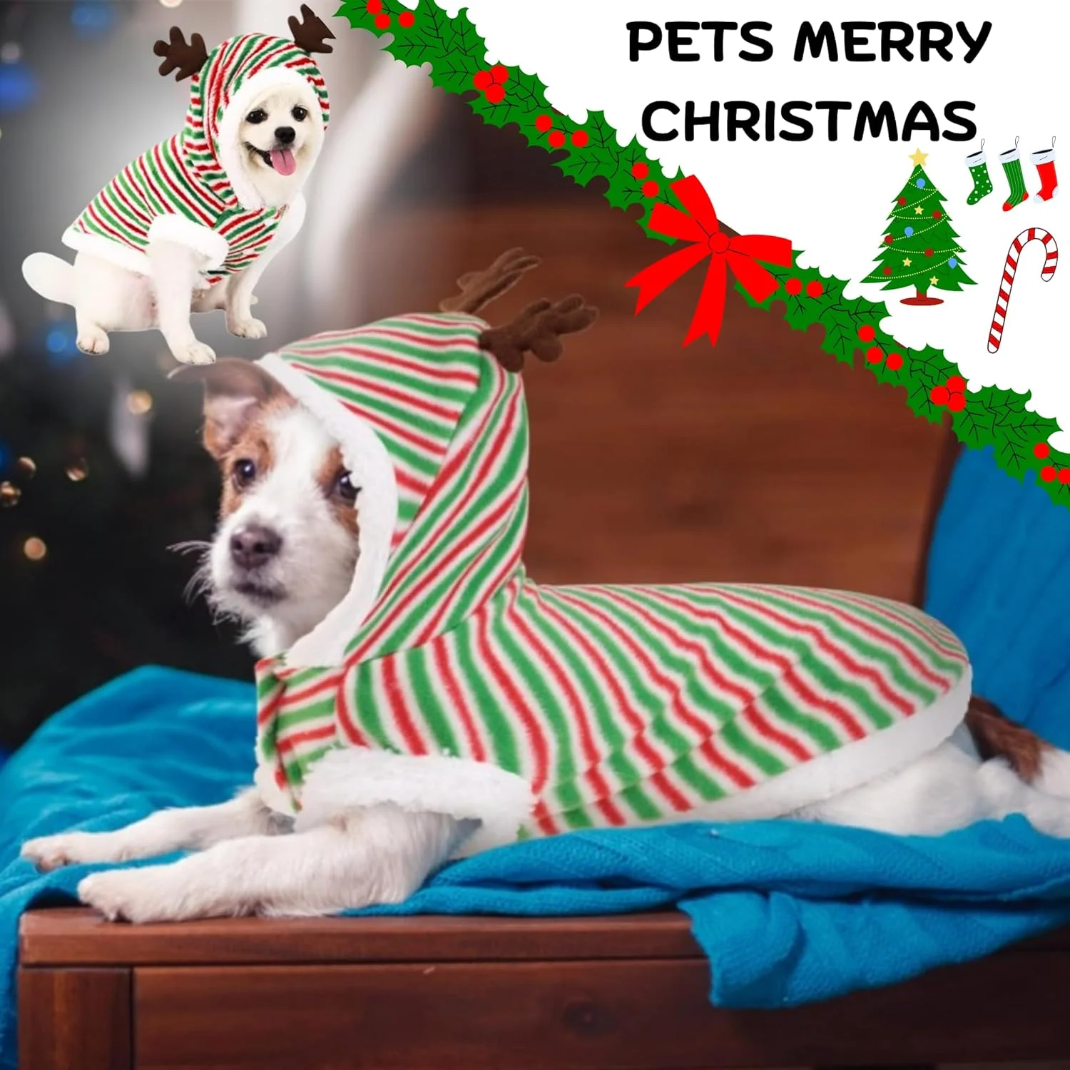 هودی سگ طرح گوزن شمالی کریسمس PETSARY به همراه یک عدد پلاک شناسایی حیوان خانگی - لباس گرم زمستانی - پلیور نرم و تنفسی با طرح گوش گوزن شمالی (کوچک)