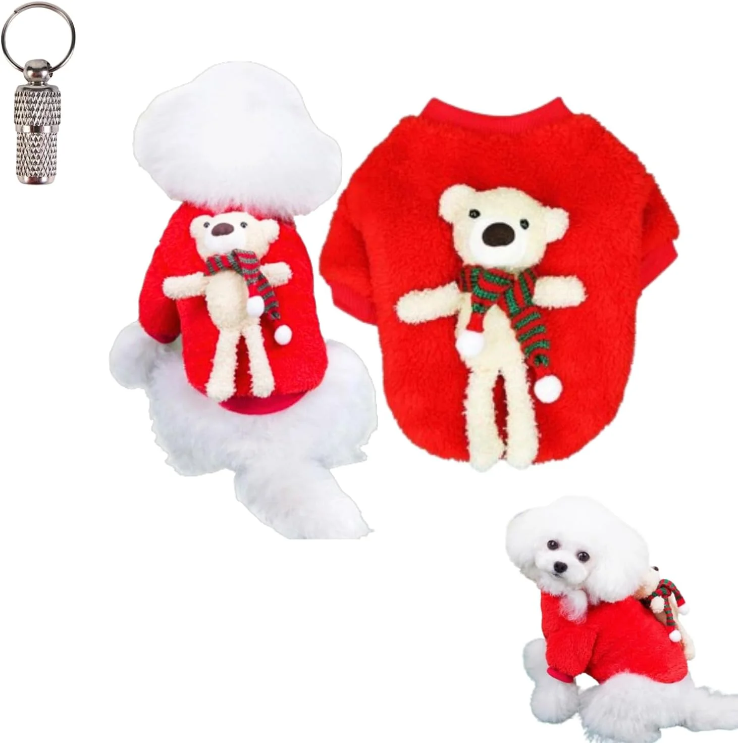 پلیور سگ و گربه کریسمس طرح خرس عروسکی به همراه یک عدد پلاک شناسایی حیوان خانگی - لباس تعطیلات با طرح خرس عروسکی - لباس گرم و نرم زمستانی، جلیقه تنفسی (قرمز، کوچک)