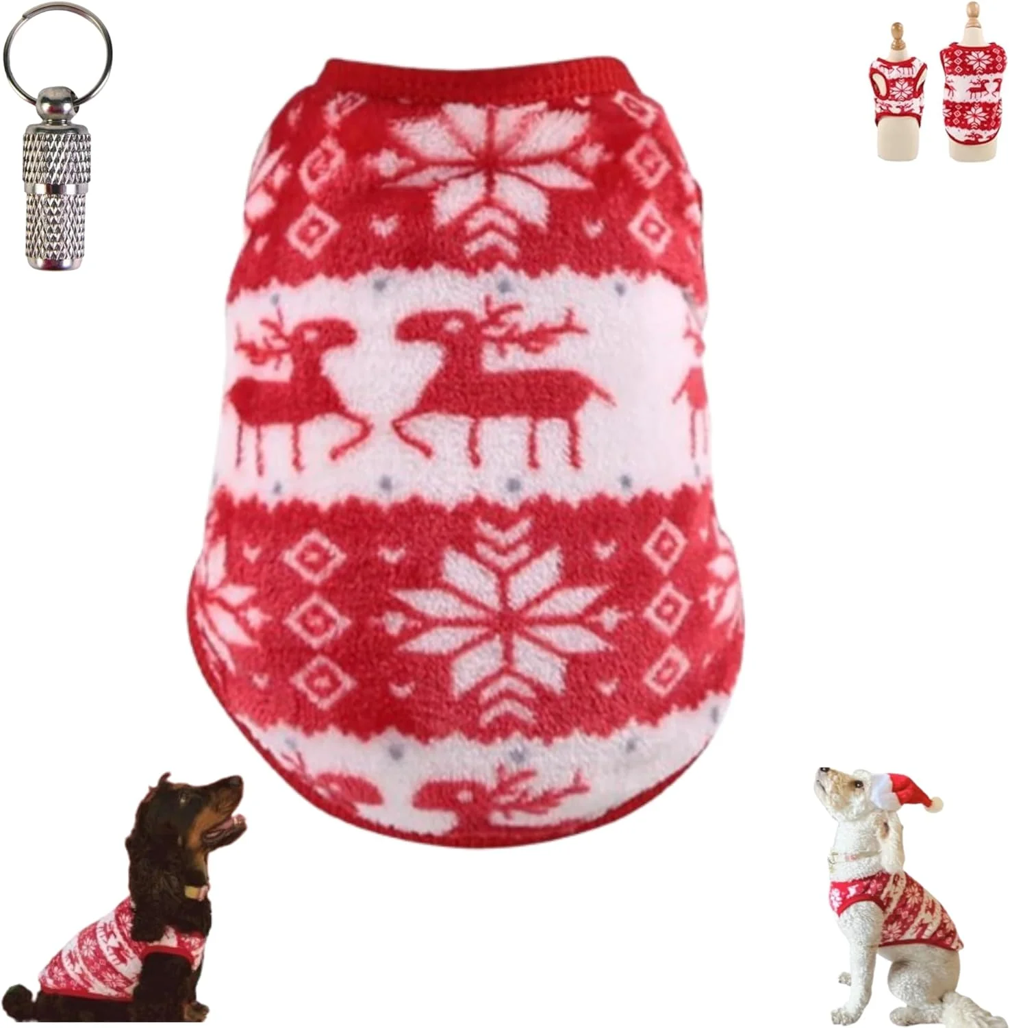 پلیور بافتنی سگ طرح گوزن کریسمس و دانه برف PETSARY به همراه یک عدد هدیه پلاک شناسایی حیوان خانگی - لباس گرم و نرم با طرح گوزن و دانه برف - یقه اسکی پشمی مناسب فصل زمستان (متوسط)