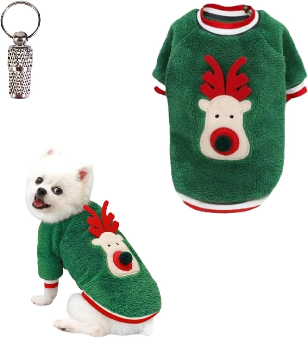 پلیور سگ طرح کریسمس و یک عدد پلاک شناسایی حیوان خانگی - لباس تعطیلات طرح گوزن شمالی - لباس تنفسی سگ و گربه - لباس خواب سه بعدی طرح گوزن، سبز، سایز متوسط