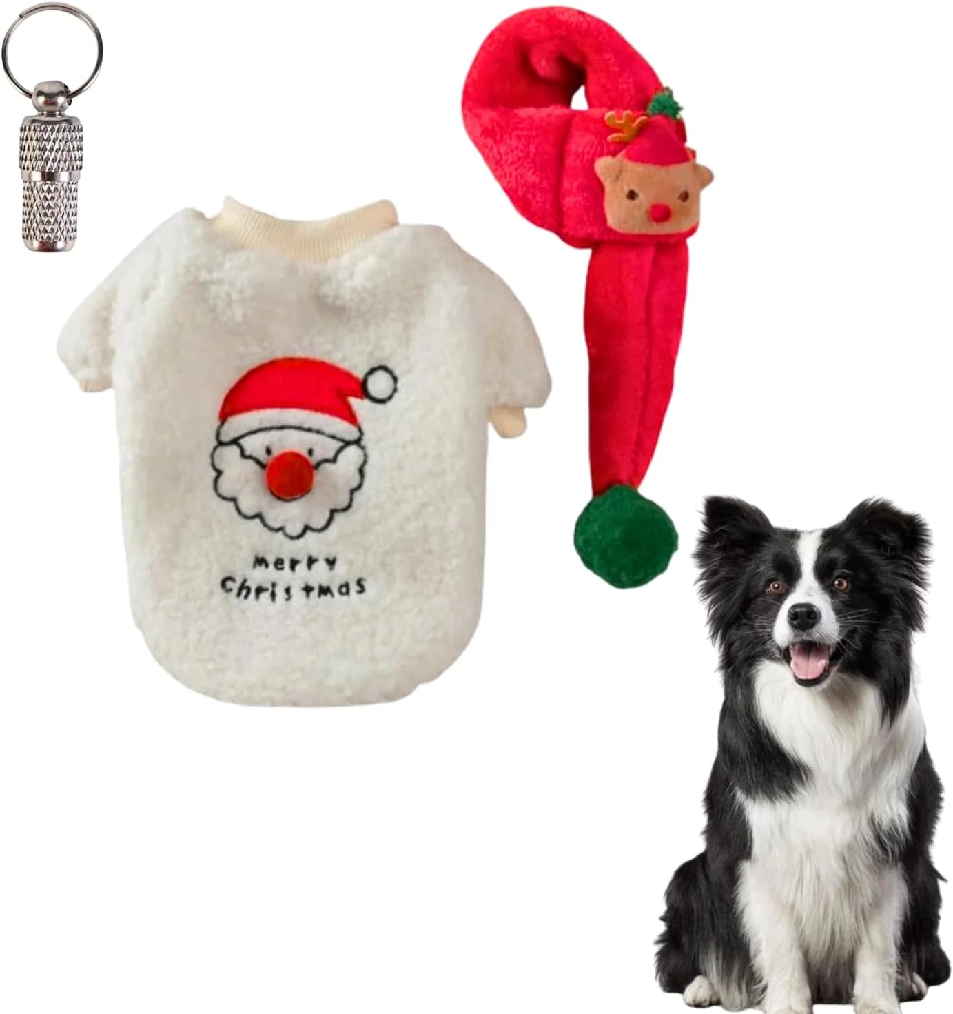 پلیور و شال گردن سگ مخصوص کریسمس پتساری به همراه یک عدد آویز شناسایی حیوان خانگی - لباس تعطیلات کریسمس مبارک - بینی بابانوئل فلانل و شال گردن گوزن شمالی - لباس خواب راحت و تنفسی با طرح بابانوئل (بزرگ)