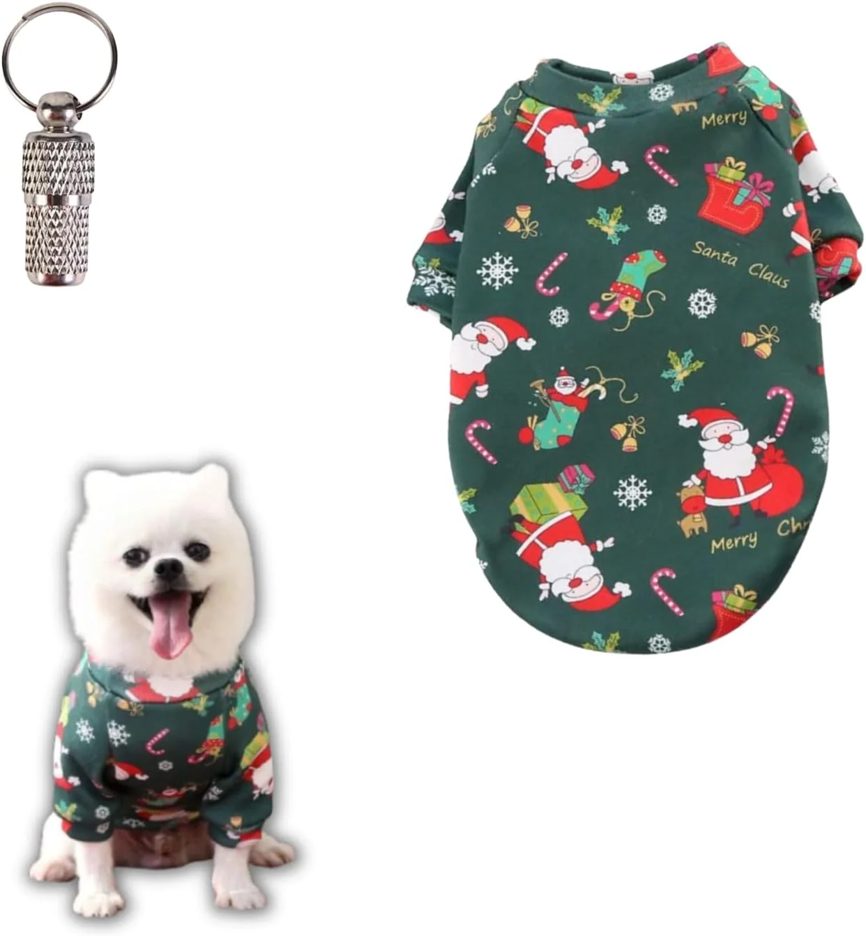 پلیور سگ مخصوص کریسمس PETSARY به همراه یک عدد آویز شناسایی هدیه - لباس طرح بابانوئل و کریسمس مبارک - طرح جوراب بافتنی دانه برفی آب نباتی - لباس تعطیلات جامپر بازیابی تنفسی سبز، سایز متوسط