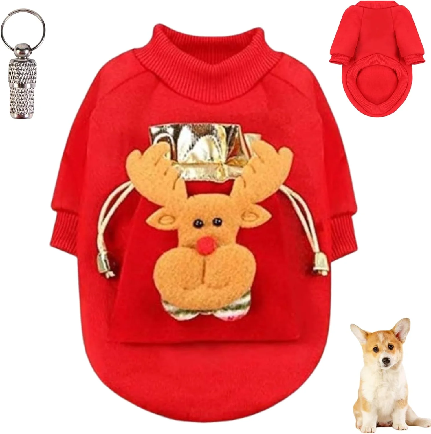 پلیور سگ کوچک کریسمس طرح گوزن شمالی + هدیه پلاک شناسایی حیوان خانگی | لباس سگ و گربه نرم و ضخیم مناسب تعطیلات | پلیور نرم و گرم مناسب توله سگ | قرمز (سایز متوسط)