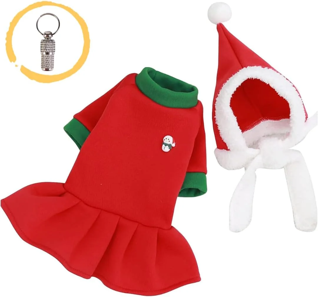 پلیور کریسمس سگ و کلاه الف همراه با یک عدد پلاک شناسایی حیوان خانگی - لباس جلیقه خنک و تنفسی سگ - لباس گرم زمستانی کریسمس مبارک - لباس بیرونی پارچه ای نرم (قرمز، ایکس لارج)