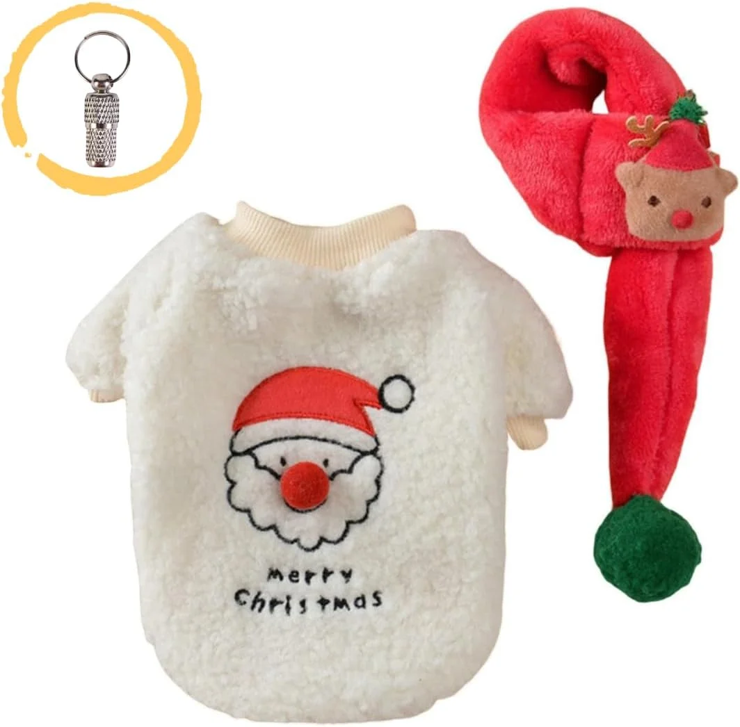 پلیور و شال گردن سگ مخصوص کریسمس پتساری به همراه یک عدد آویز شناسایی حیوان خانگی - لباس تعطیلات کریسمس مبارک - بینی بابانوئل فلانل و شال گردن گوزن شمالی - لباس خواب راحت و تنفسی با طرح بابانوئل (بزرگ)