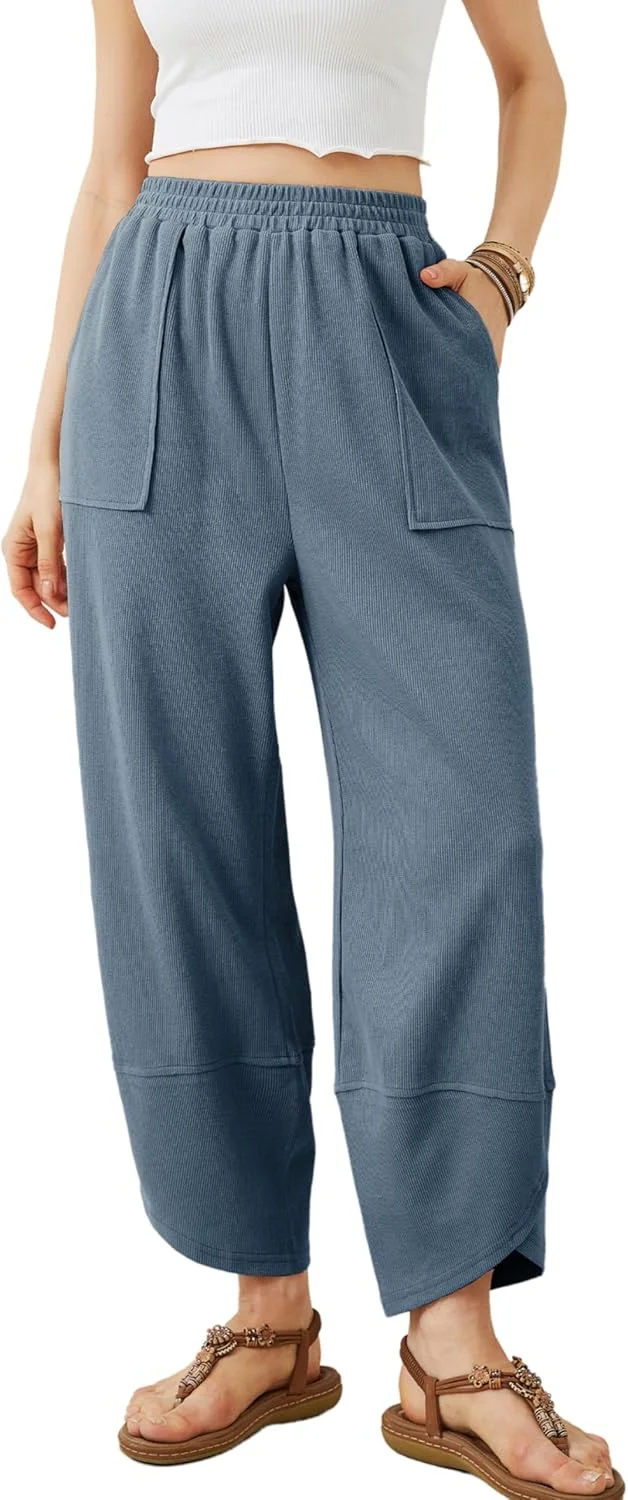Xiaoxuemeng شلوار پاچه گشاد زنانه، شلوار راحتی پالازو کمر کشی با جیب