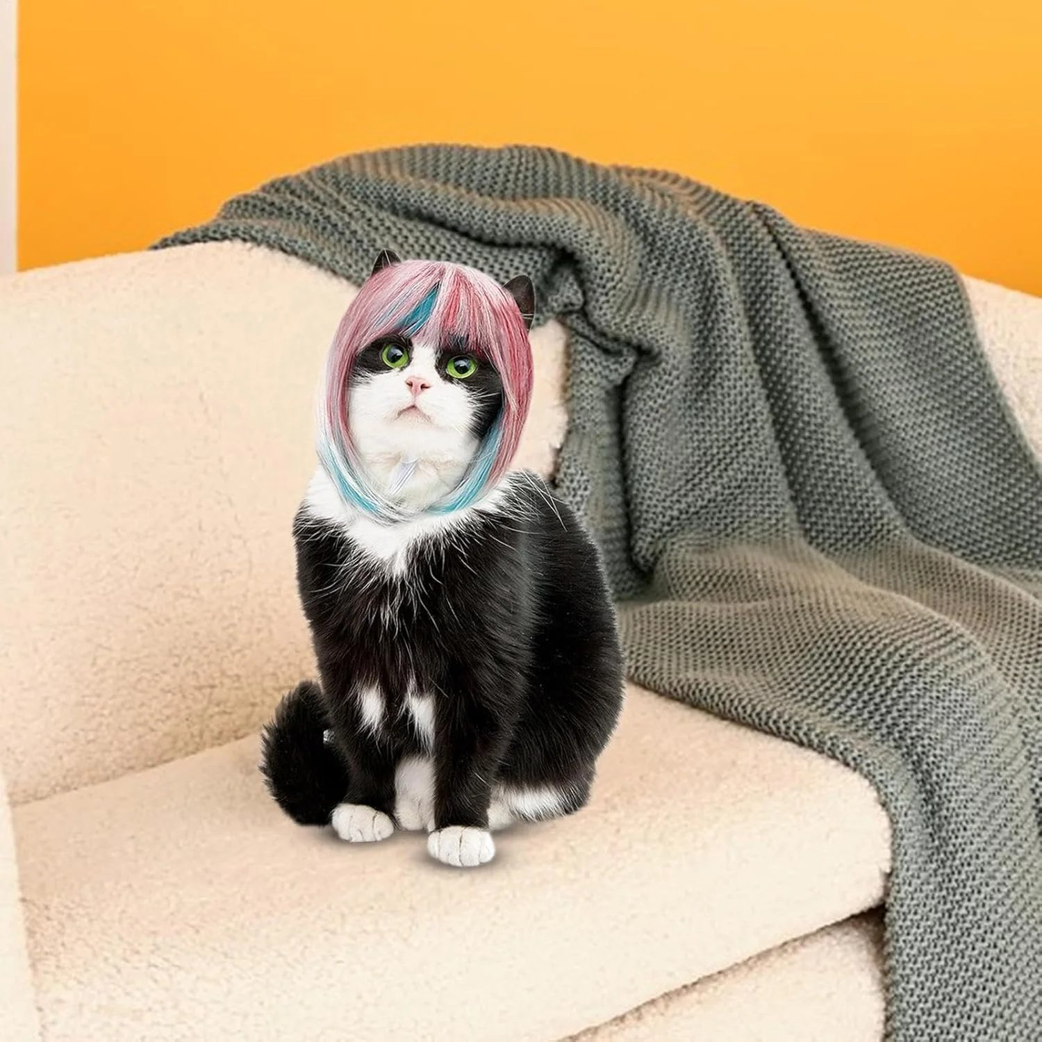 کلاه گیس خنده دار گربه، کلاه گیس فانتزی حیوانات خانگی آبی صورتی، کلاه گیس سگ برای عکاسی، مسافرت و دورهمی، مناسب نقش بازی در محیط های داخلی و خارجی، جشن و هالووین