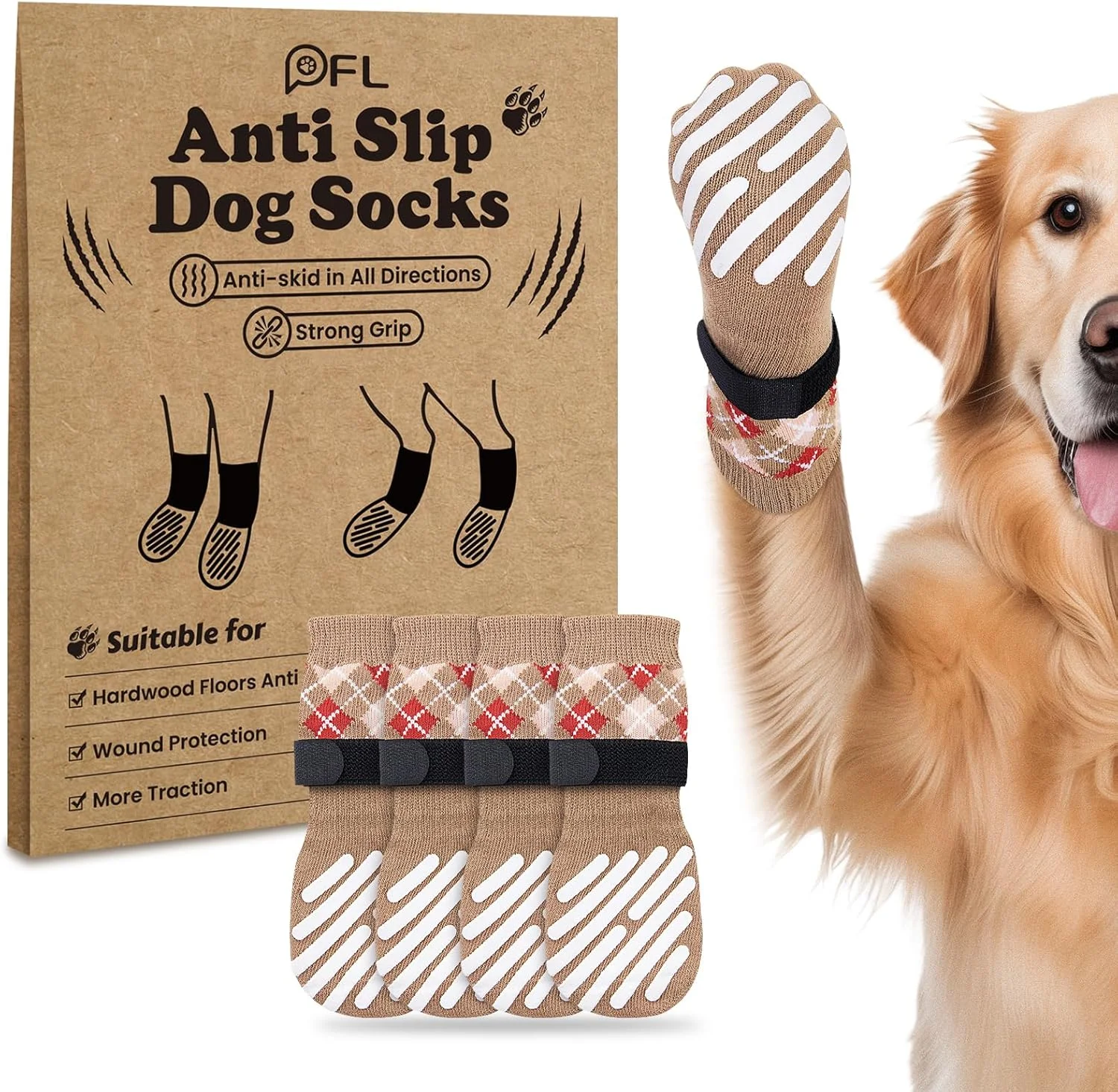 جوراب سگ محافظ پنجه PICK FOR LIFE بسته 4 عددی، جوراب ضد لغزش سگ با بست چسبی برای سطوح سخت داخلی، جوراب برای سگ های کوچک، متوسط و بزرگ