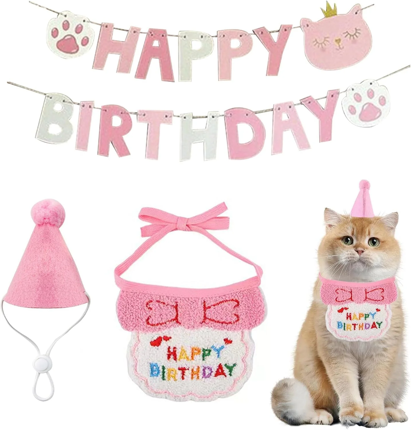 ست کلاه و دستمال گردن تولد حیوانات خانگی 3 تکه با بنر تولدت مبارک، تزئینات مهمانی توله سگ و بچه گربه زیبا، لباس تولد سگ و گربه کوچک، وسایل عکس، لوازم مهمانی