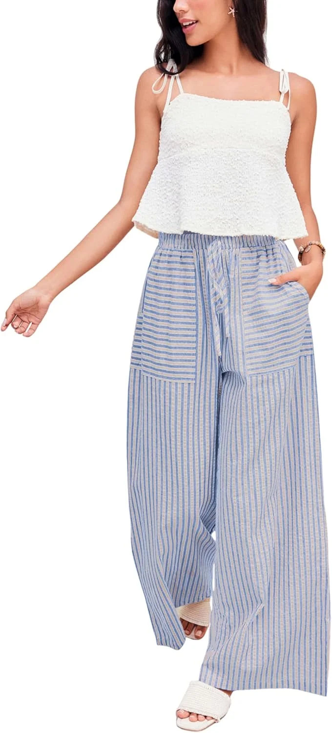 Yeokou شلوار زنانه پاچه گشاد بند دار نخی راه راه فاق متوسط بلند مدل پالازو با جیب