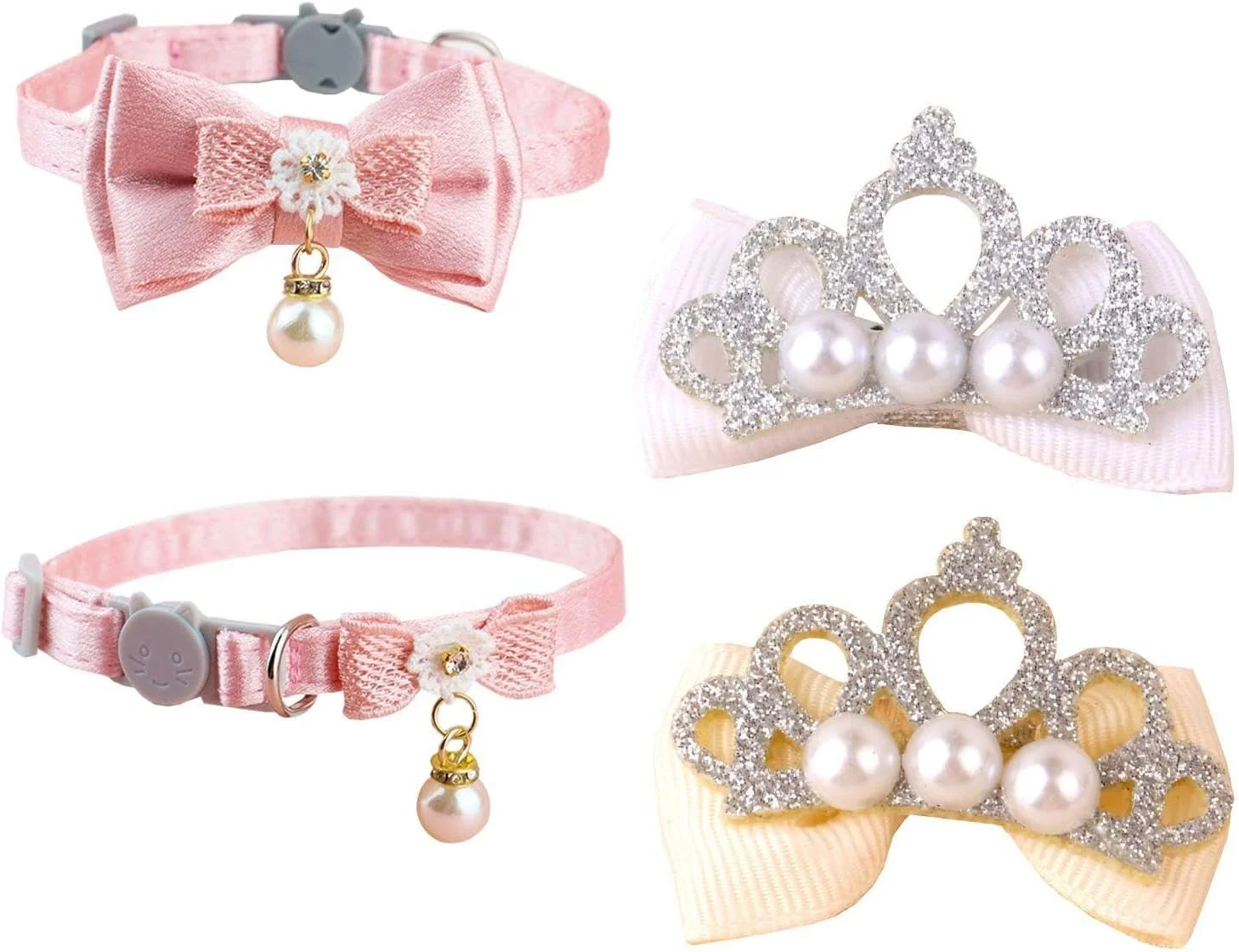 دو عدد قلاده پاپیونی حیوانات خانگی و دو عدد گیره موی حیوانات خانگی، قلاده زیبا، قلاده قابل تنظیم، لوازم آرایش حیوانات خانگی.