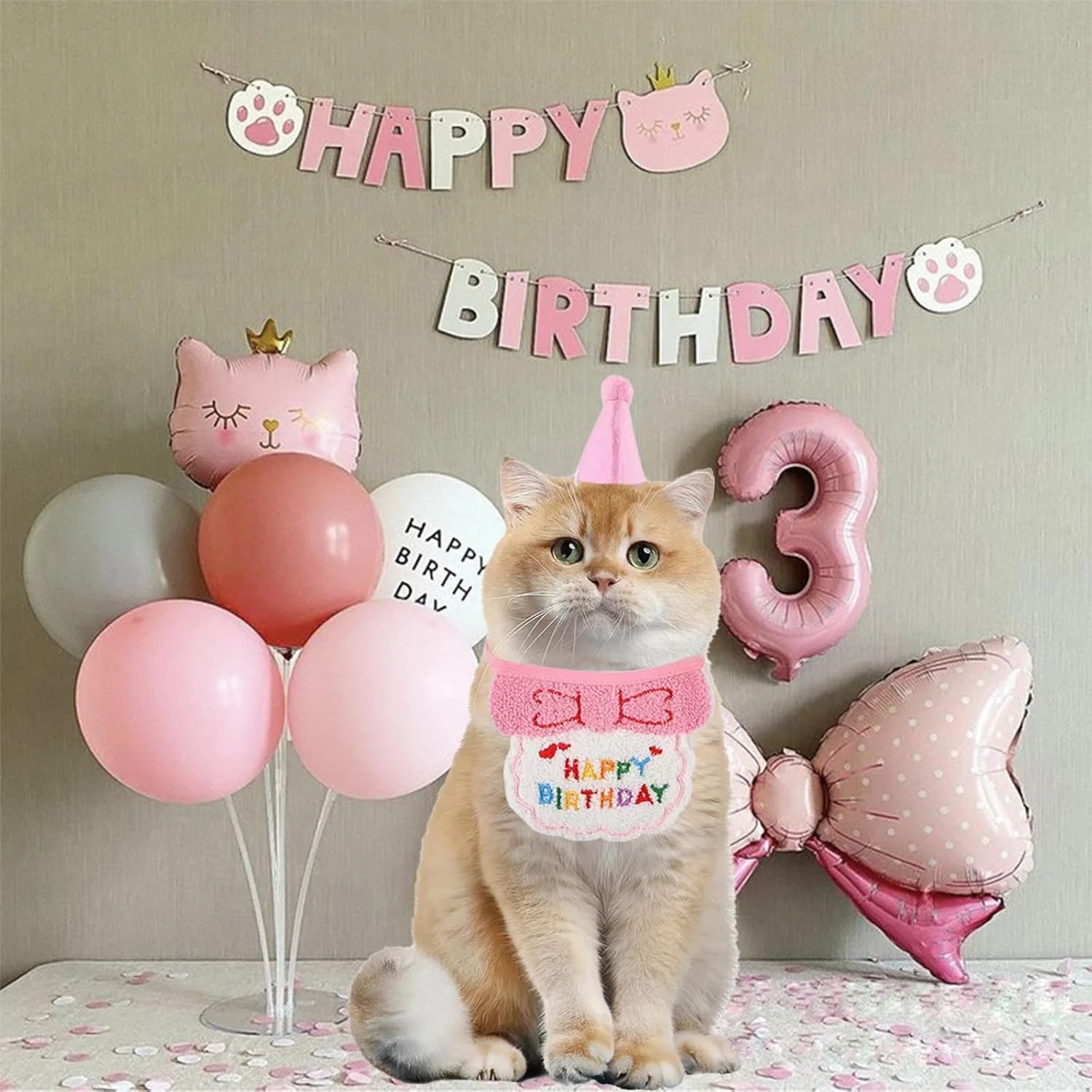 ست کلاه و دستمال گردن تولد حیوانات خانگی 3 تکه با بنر تولدت مبارک، تزئینات مهمانی توله سگ و بچه گربه زیبا، لباس تولد سگ و گربه کوچک، وسایل عکس، لوازم مهمانی