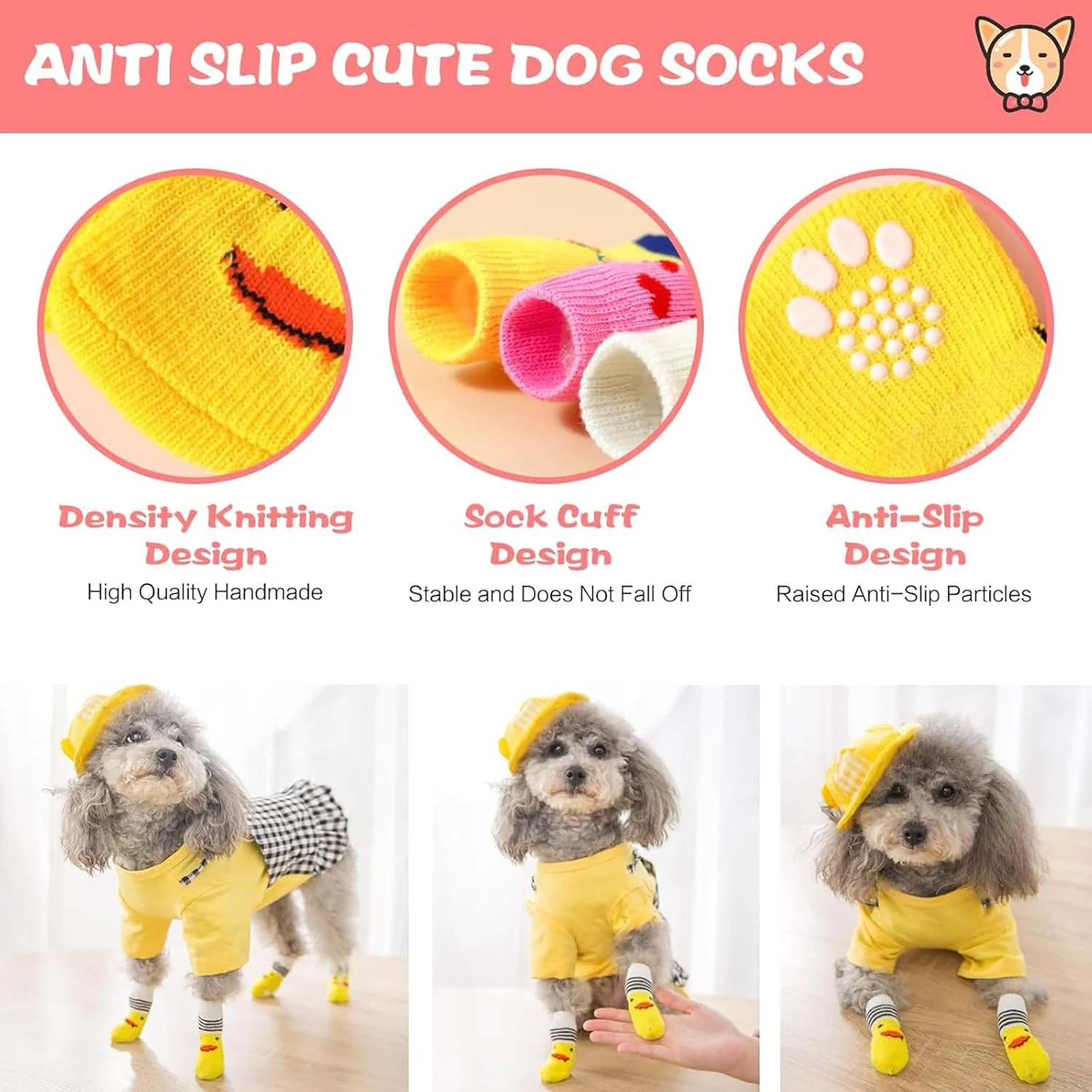 24 عدد جوراب ضد لغزش سگ، 6 مدل جوراب سگانه ضد لغزش با گیره، جوراب نرم توله سگ، محافظ پنجه حیوانات خانگی برای استفاده در داخل خانه روی سطوح سخت (M)