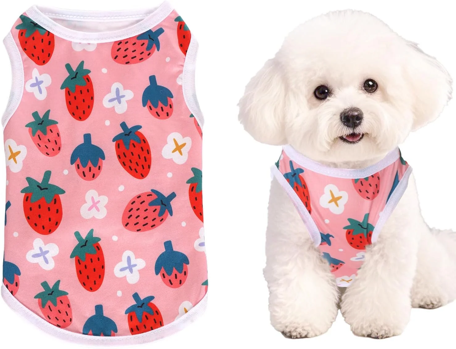 لباس سگ، لباس تابستانی زیبا و نرم، تیشرت چاپی حیوانات خانگی برای سگ ها و گربه های کوچک و متوسط (توت فرنگی 2، S)