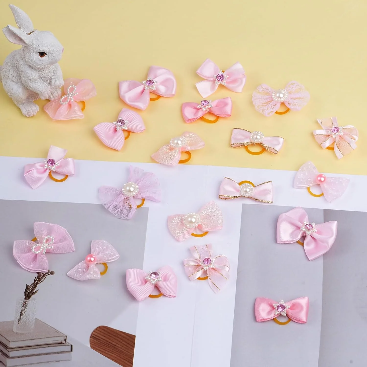 ۲۰ عدد پاپیون موی سگ پسته، زیبا، با کش های لاستیکی، دست ساز، مدل های مختلف توری، نگین و مروارید برای سگ، گربه، حیوان خانگی دخترانه، صورتی