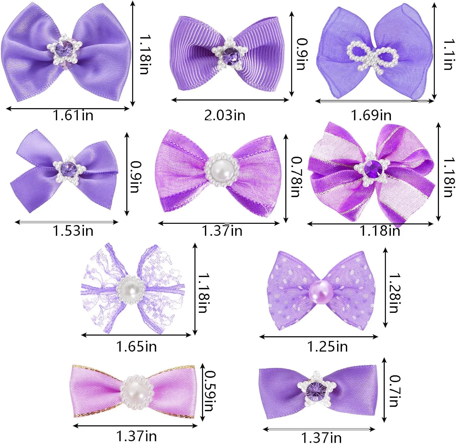 20 عدد پاپیون موی سگ بامزه با کش موی الاستیک دست ساز، مدل های ترکیبی توری، نگین بدلیجات و مروارید برای سگ و گربه خانگی دخترانه، بنفش روشن