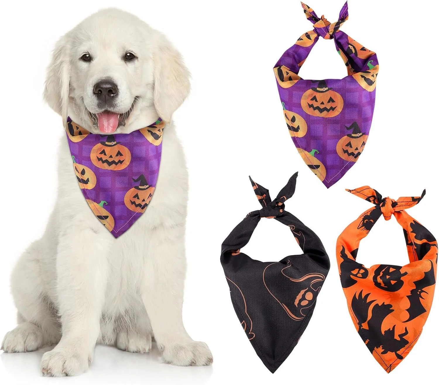 پیشبند یقه سگ هالووین پاپت پاپ، 3 عدد پیشبند حیوان خانگی توله سگ، روسری مثلثی، حوله بزاق، دکور گردنبند حیوان خانگی، لوازم جانبی لباس سگ (بنفش، مشکی، نارنجی)