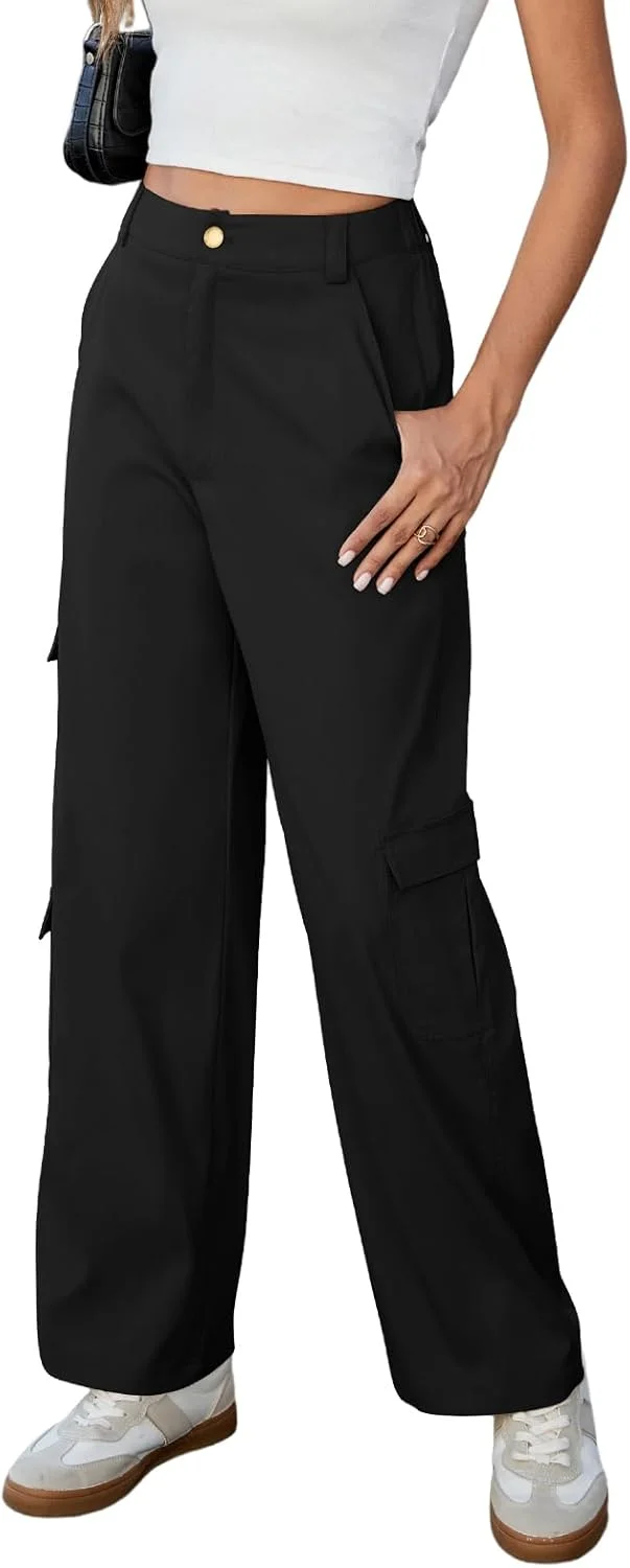شلوار کارگو زنانه زافول مدل 2025، کمر بلند، راسته، پاچه گشاد، مناسب استایل خیابانی Y2K و استفاده روزمره، مشکی، سایز XL