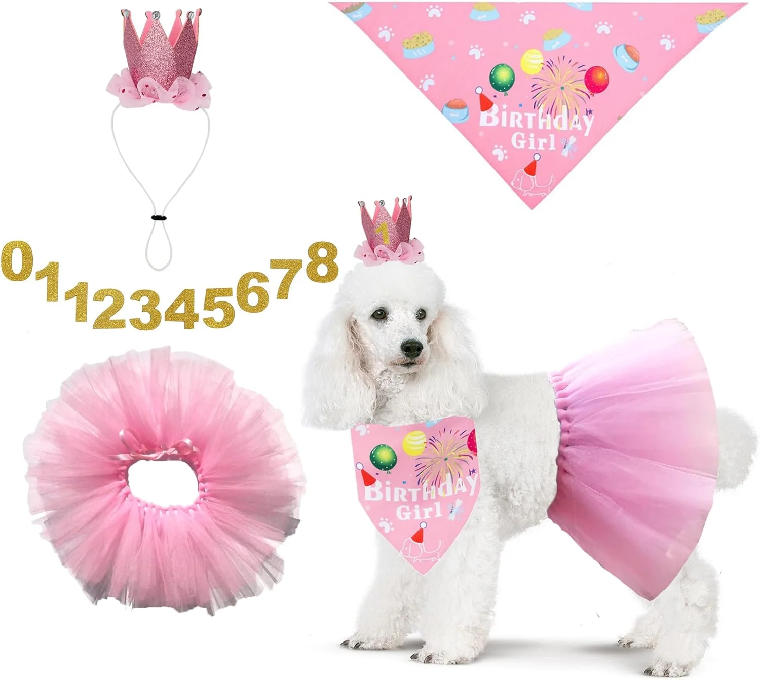ست 3 تکه لباس تولد سگ صورتی POSAPET - کلاه شماره دار قابل تنظیم، دامن توتو و روسری برای سگ های کوچک و متوسط، لوازم جانبی عکس جشن تولد سگ دخترانه