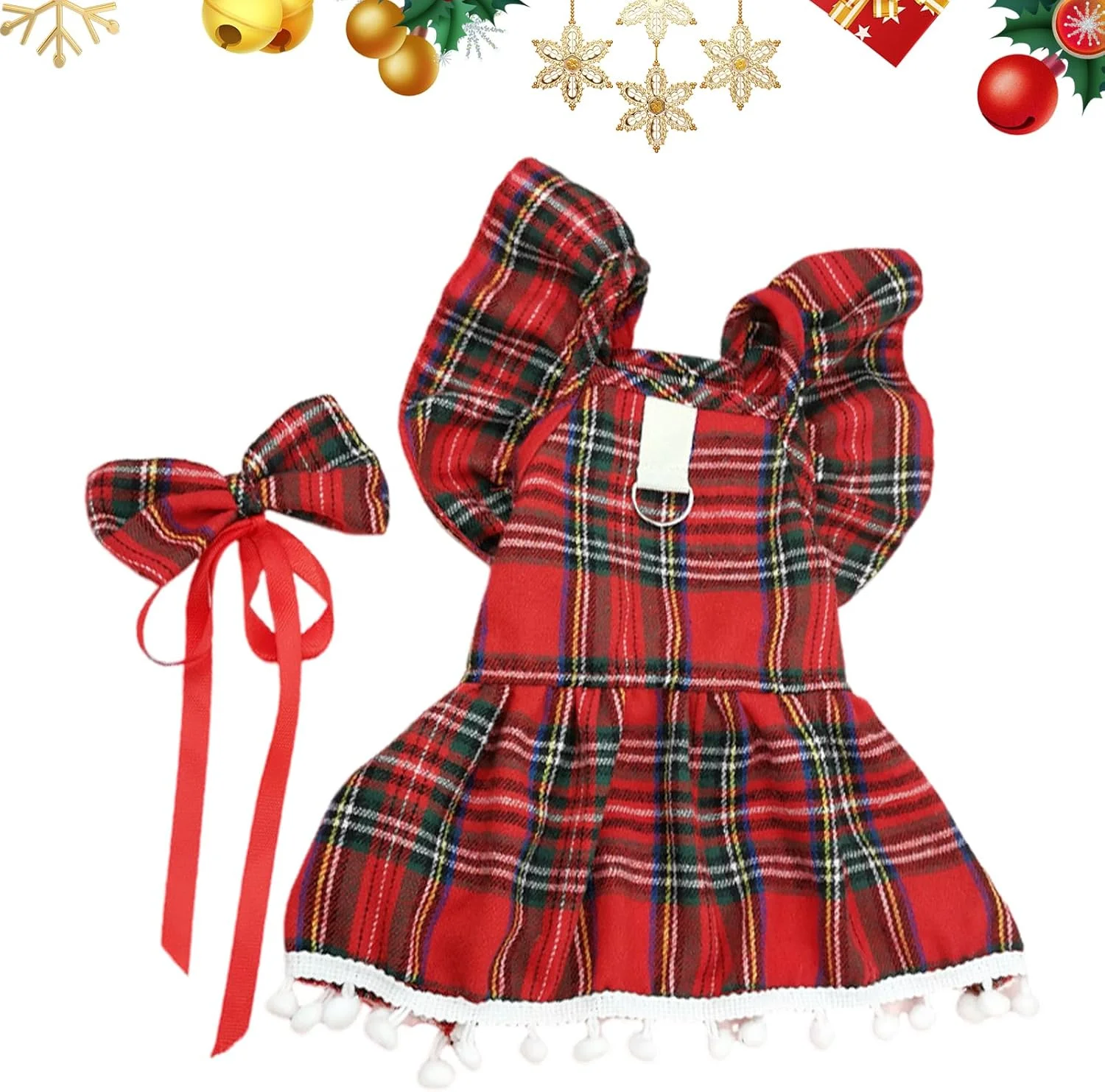 لباس کریسمس سگ و گربه، لباس چهارخانه سگ، لباس حیوانات خانگی کریسمس برای سگ های کوچک دخترانه، لباس پرنسس توله سگ زمستانی کریسمس با پاپیون های موی گره ای زیبا، دامن حیوانات خانگی، کت لباس سگ زمستانی کریسمس