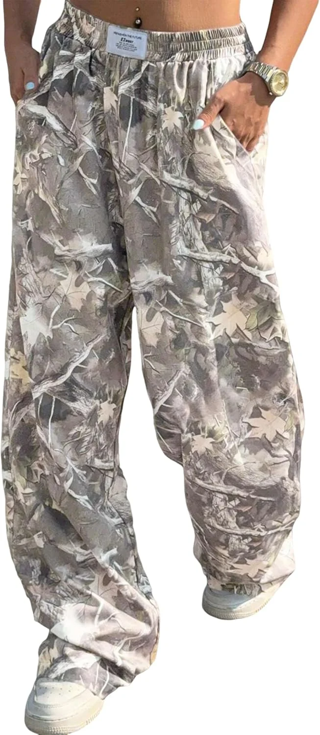 ZAFUL شلوار کارگو زنانه طرح ارتشی، کمر کشی، پاچه گشاد، مدل راسته، مناسب استایل روزمره با جزئیات تکه دوزی