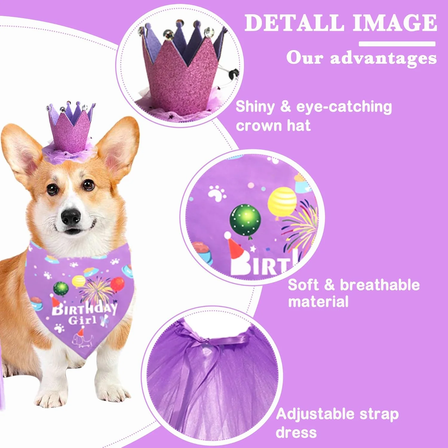 ست کلاه تولد سگ، دستمال گردن و دامن توتو POSAPET، لباس بنفش تولد سگ، لوازم جشن تولد کلاه تاج برای سگ
