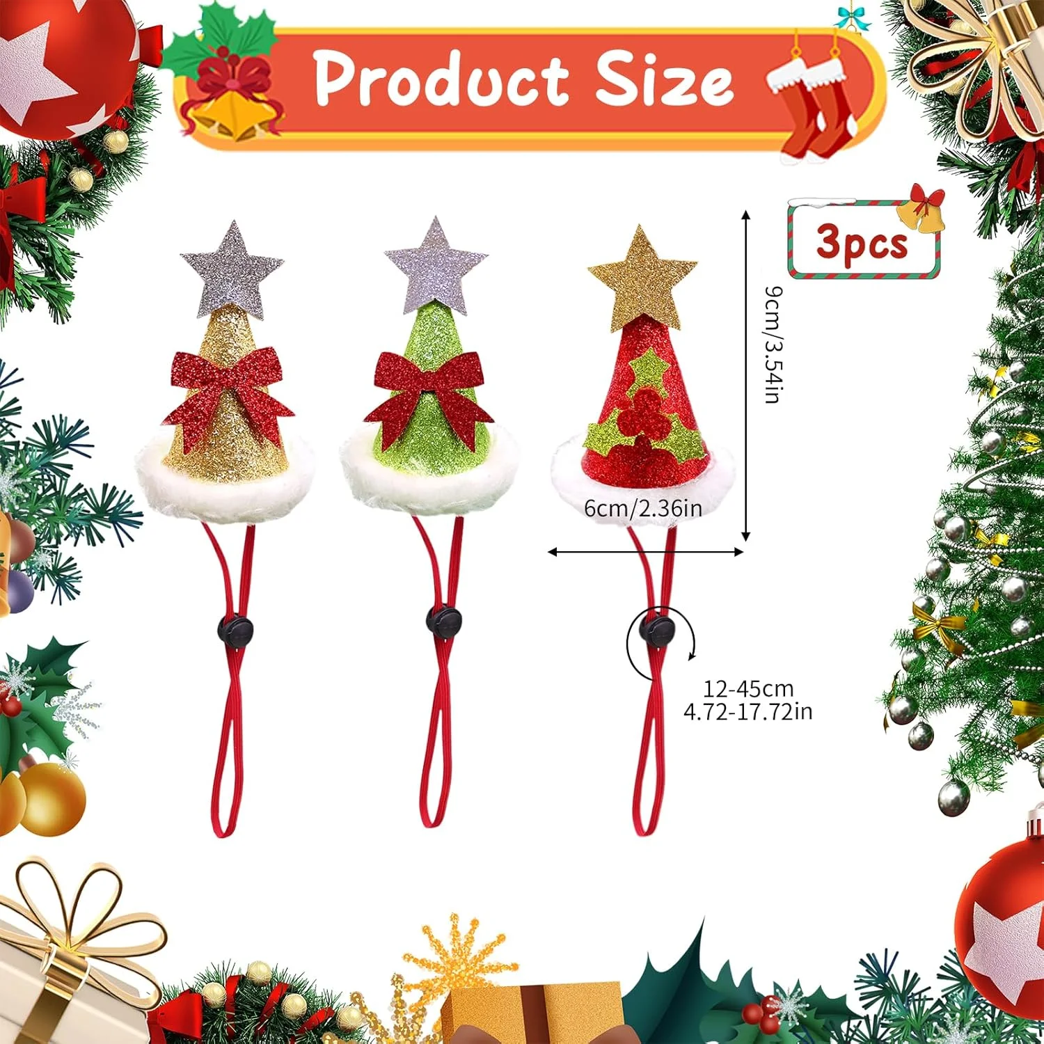 ست 3 عددی کلاه کریسمس قابل تنظیم PORUPAEL برای سگ و گربه، کلاه بابانوئل حیوانات خانگی، لباس کریسمس حیوانات خانگی برای سگ ها و گربه ها برای مهمانی کریسمس و تزئینات سال نو