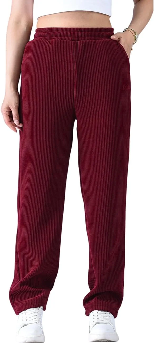 Zoulee شلوار زنانه راسته با فاق بلند، بند دار، مخمل کبریتی درشت، قرمز تیره، XXL