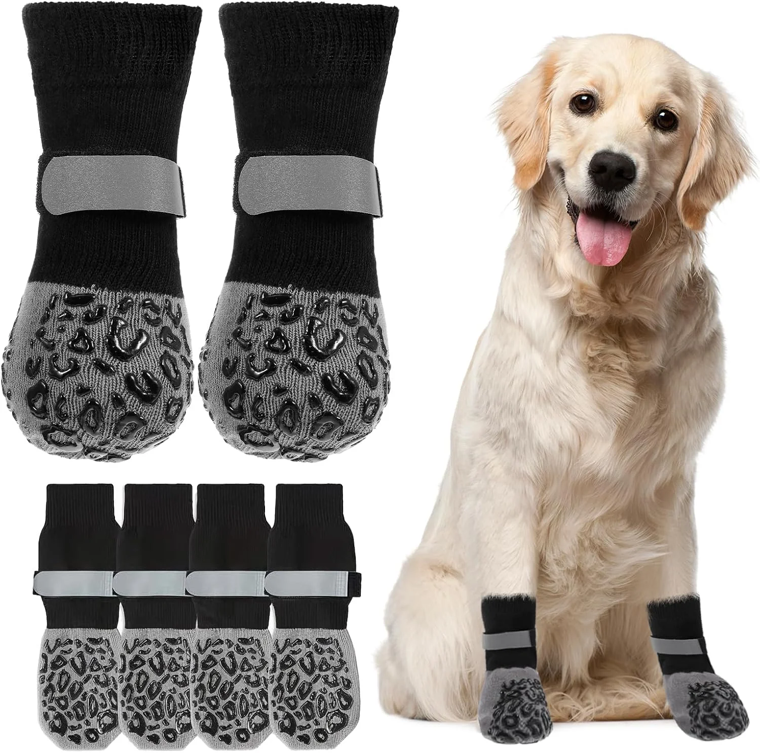 جوراب سگ طرح پلنگی خاکستری، محافظ پنجه سگ، مناسب سطوح لغزنده (سایز کوچک) - 4 عددی