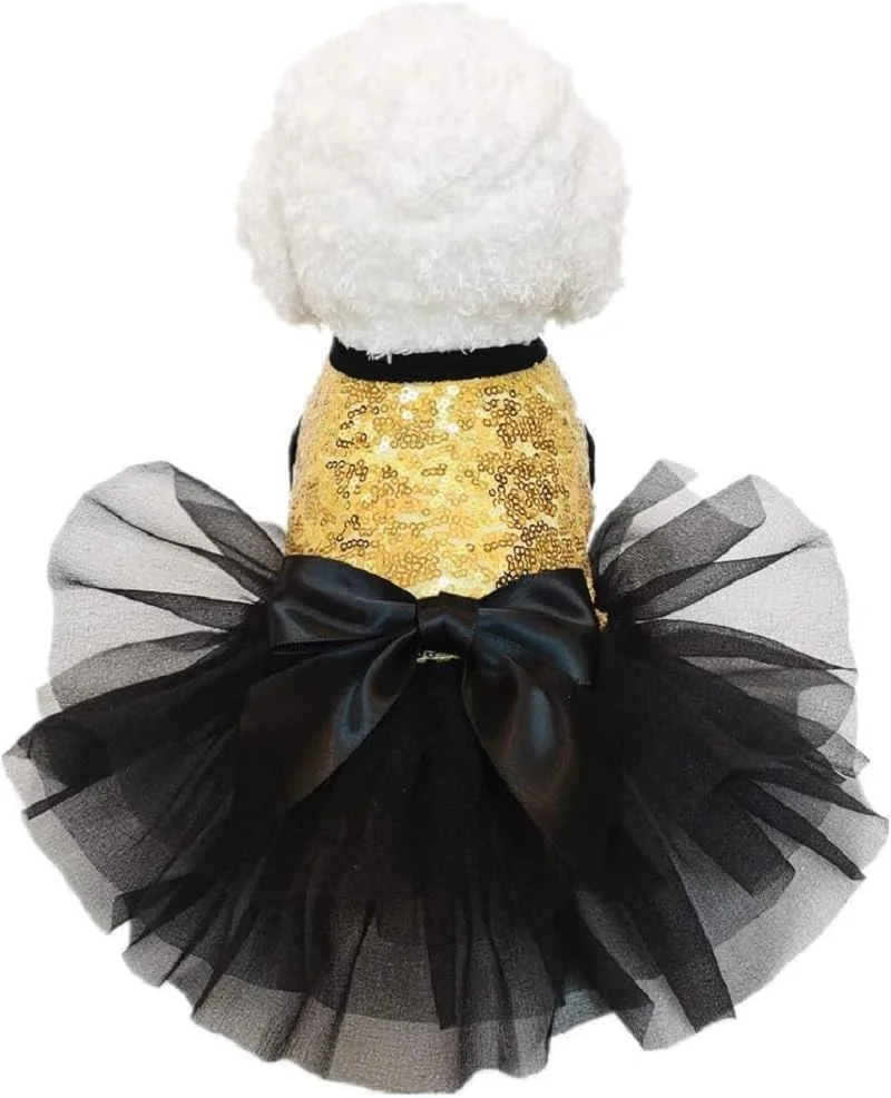 پیراهن توتو سگ پاپی پرنسس با پاپیون پولک‌دار و دامن توری چین‌دار مناسب جشن تولد (طلایی، ایکس لارج)