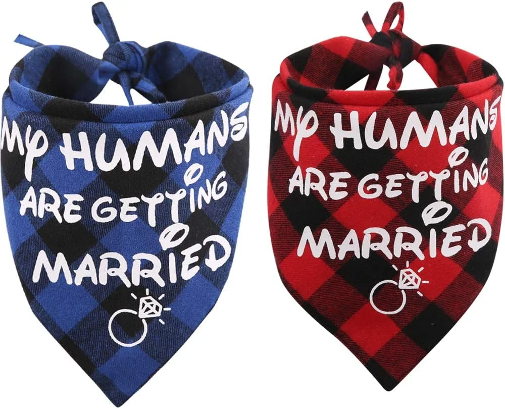 دستمال گردن سگ با طرح ازدواج صاحب من، طرح چهارخانه، اعلامیه نامزدی سگ، دستمال سه گوش دو طرفه، لوازم جانبی شال گردن برای سگ ها و گربه ها