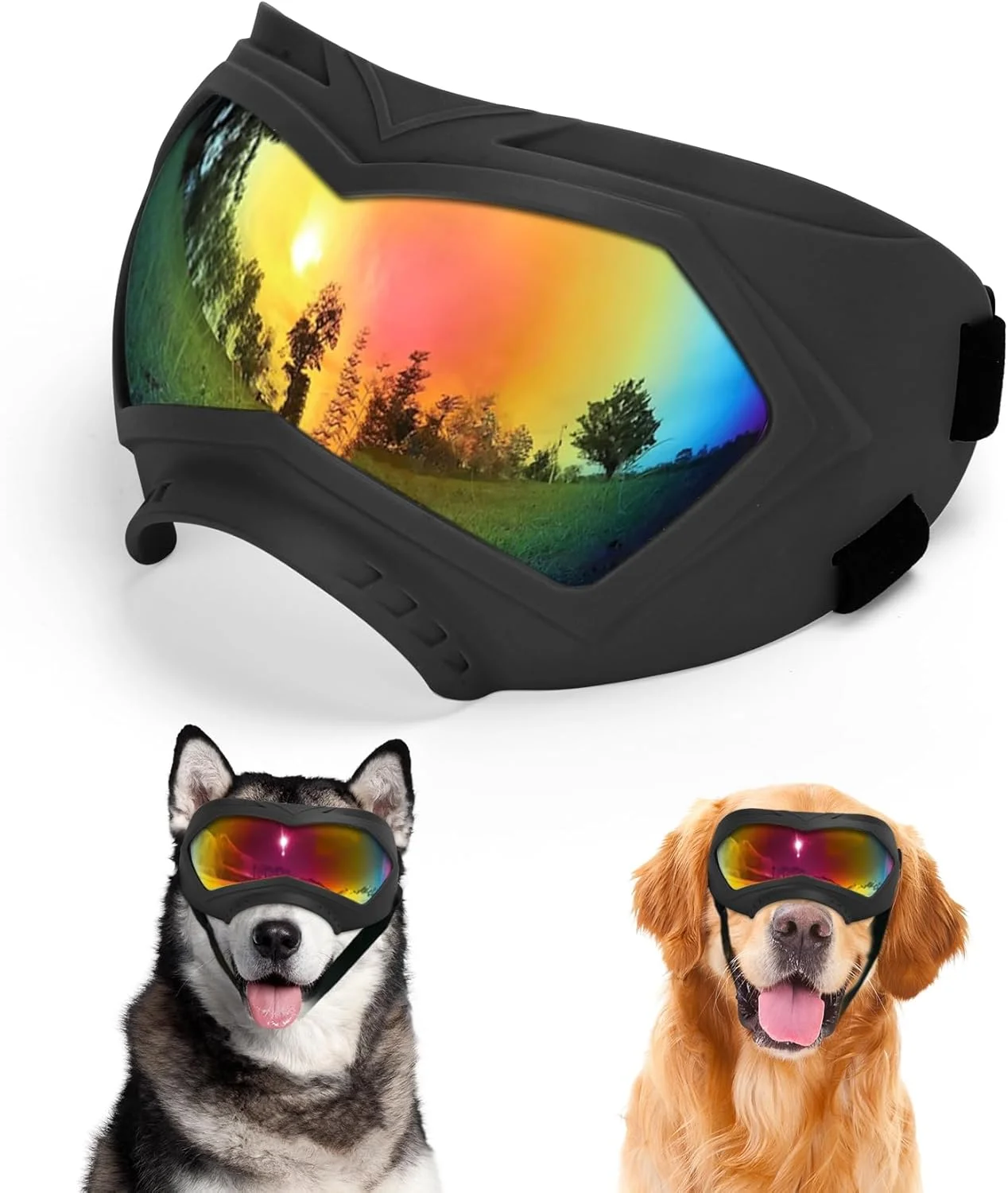 عینک آفتابی سگ، محافظت در برابر اشعه ماوراء بنفش، ضد باد، ضد گرد و غبار، ضد بخار برای سگ های بزرگ و متوسط، فریم TPE سبک وزن با بند قابل تنظیم، محافظت شیک در فضای باز