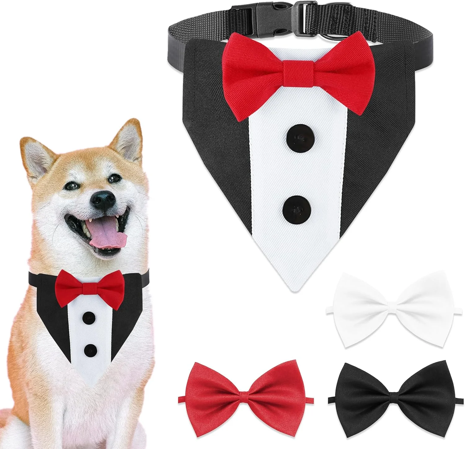 دستمال گردن طرح تاکسیدو سگ، دستمال گردن یقه تاکسیدو سگ، کراوات قابل تنظیم حیوانات خانگی و بسته 3 عددی قلاده سگ با پاپیون برای سگ ها و گربه ها، مناسب جشن عروسی و فستیوال