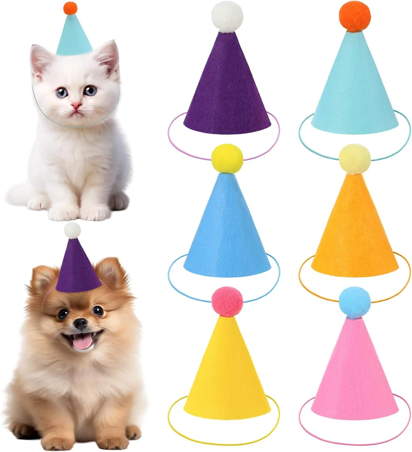 ست 6 عددی کلاه مهمانی مینیاتوری QfwdfcTrenz برای حیوانات عروسکی، کلاه مهمانی مینیاتوری با هدبند قابل تنظیم، کلاه های مخروطی مهمانی تولد، ست کلاه تولد سگ برای سگ های کوچک و متوسط، گربه ها و توله سگ ها