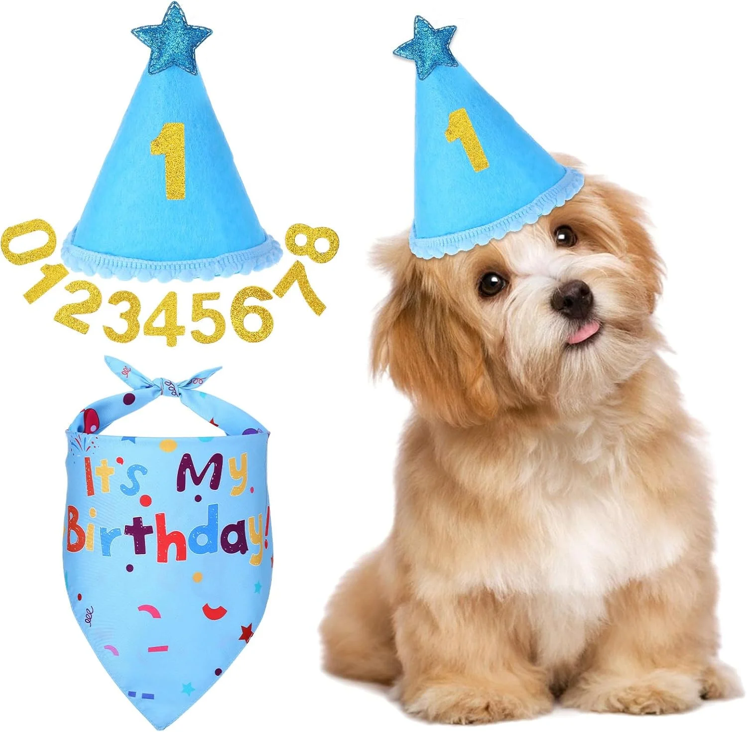 ست کلاه و دستمال گردن سگ کیانیو، لوازم جانبی جشن تولد سگ، دستمال گردن تولد سگ با اعداد، تزئینات تولد سگ برای سگ های بزرگ، متوسط و کوچک (آبی)